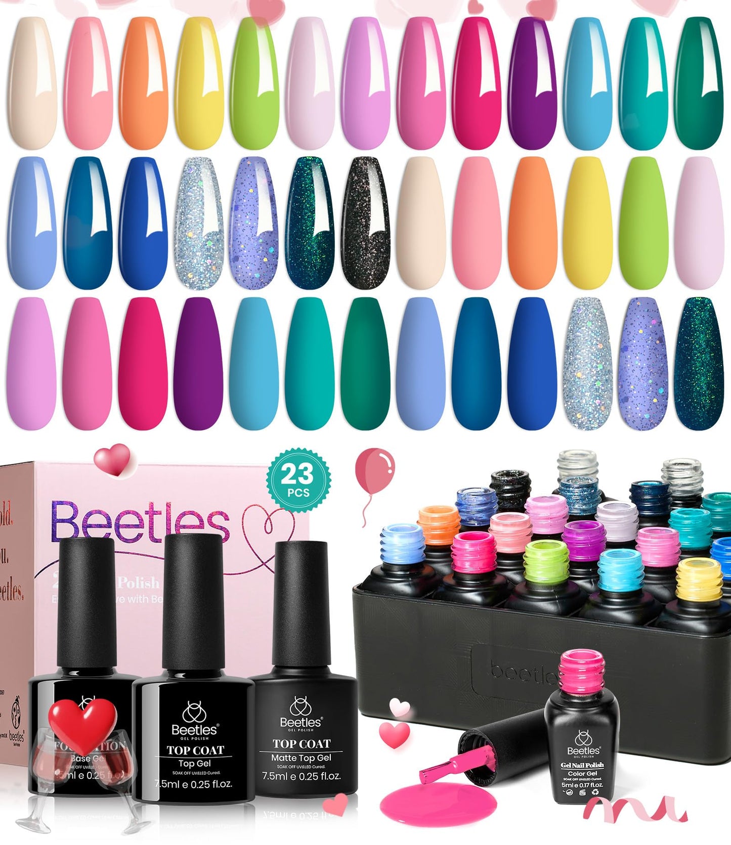 Beetles 20Pcs Gel Nail Polish Kit con 3pcs Base Top Coat Fantasyland Collection 2023 Trendy Primavera Verano Pastel Bright Pink Purple Gel Polish Set Navy Blue Green Glitter Soak Off Led Gel Nail Kit para niñas Mujeres