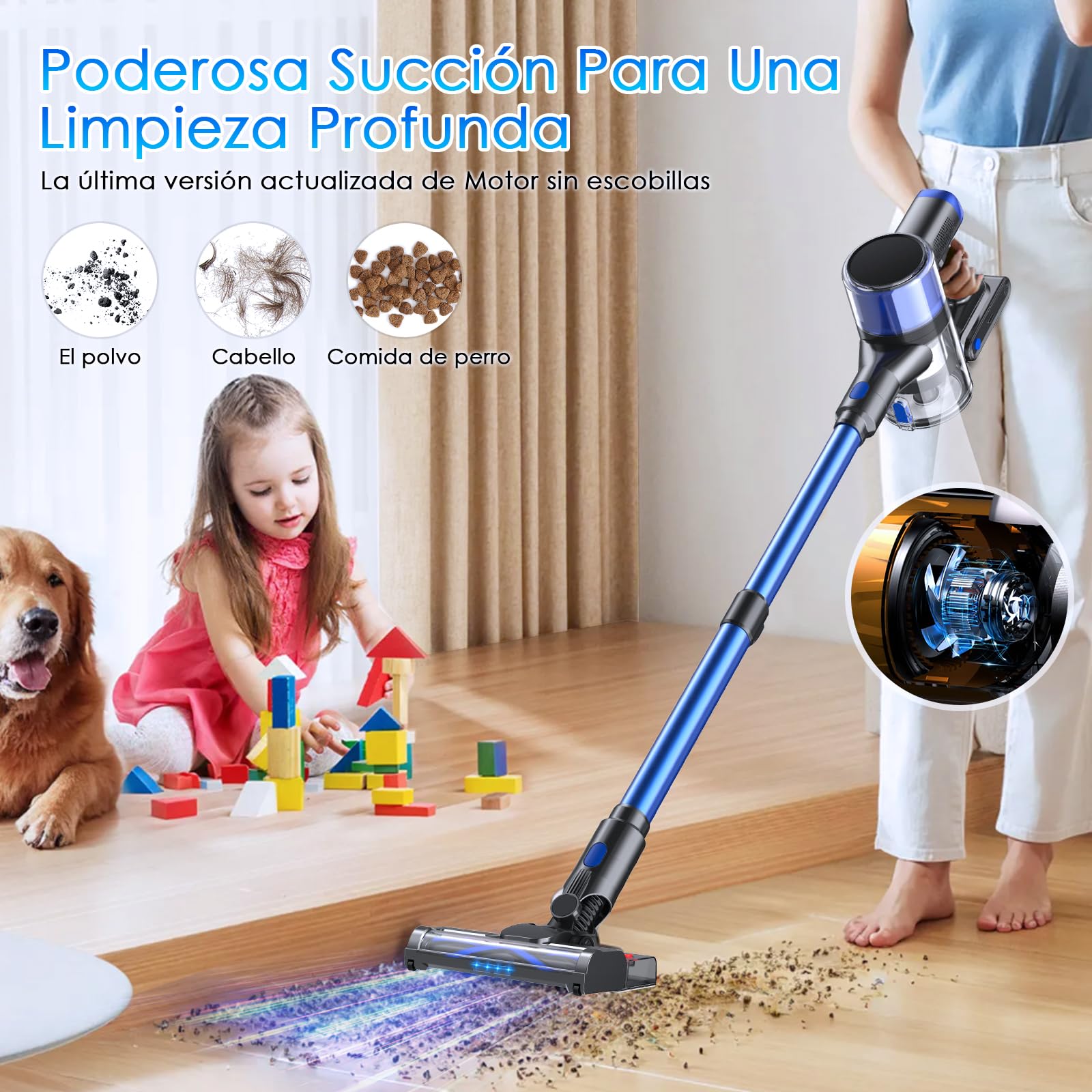 Aspiradora Inalámbrica, Aspiradora de Mano, 45Kpa Aspiradora Vertical, Succión Potente, Aspiradora Inalámbrica y Trapeador con Antienredos para Alfombras, Pelo de Mascotas, Pisos de Madera Dura