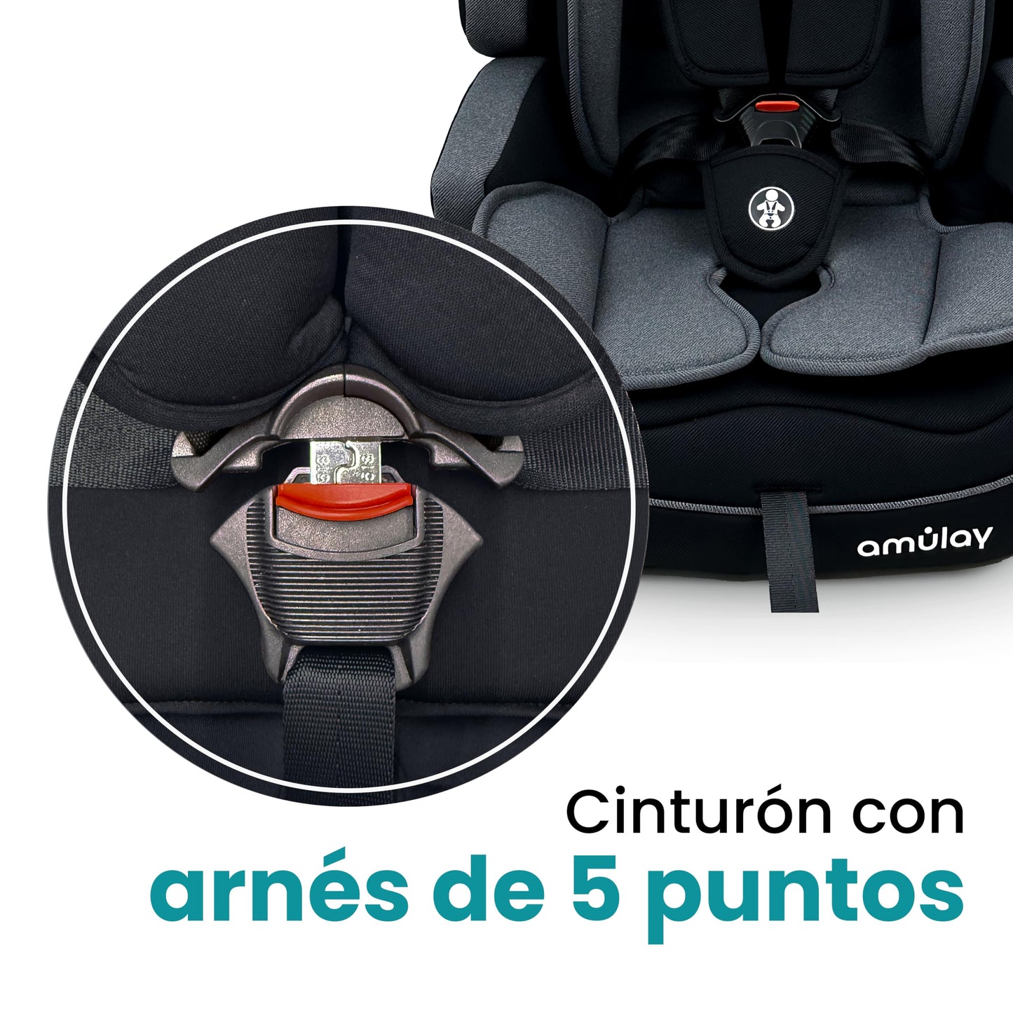 Amulay | Autoasiento para Bebe de 9 a 36 kg | Booster Car Seat con Arnés de 5 puntos, Respaldo Reclinable, Cojín elevador y Reposa cabezas ajustable | Color Gris y Negro