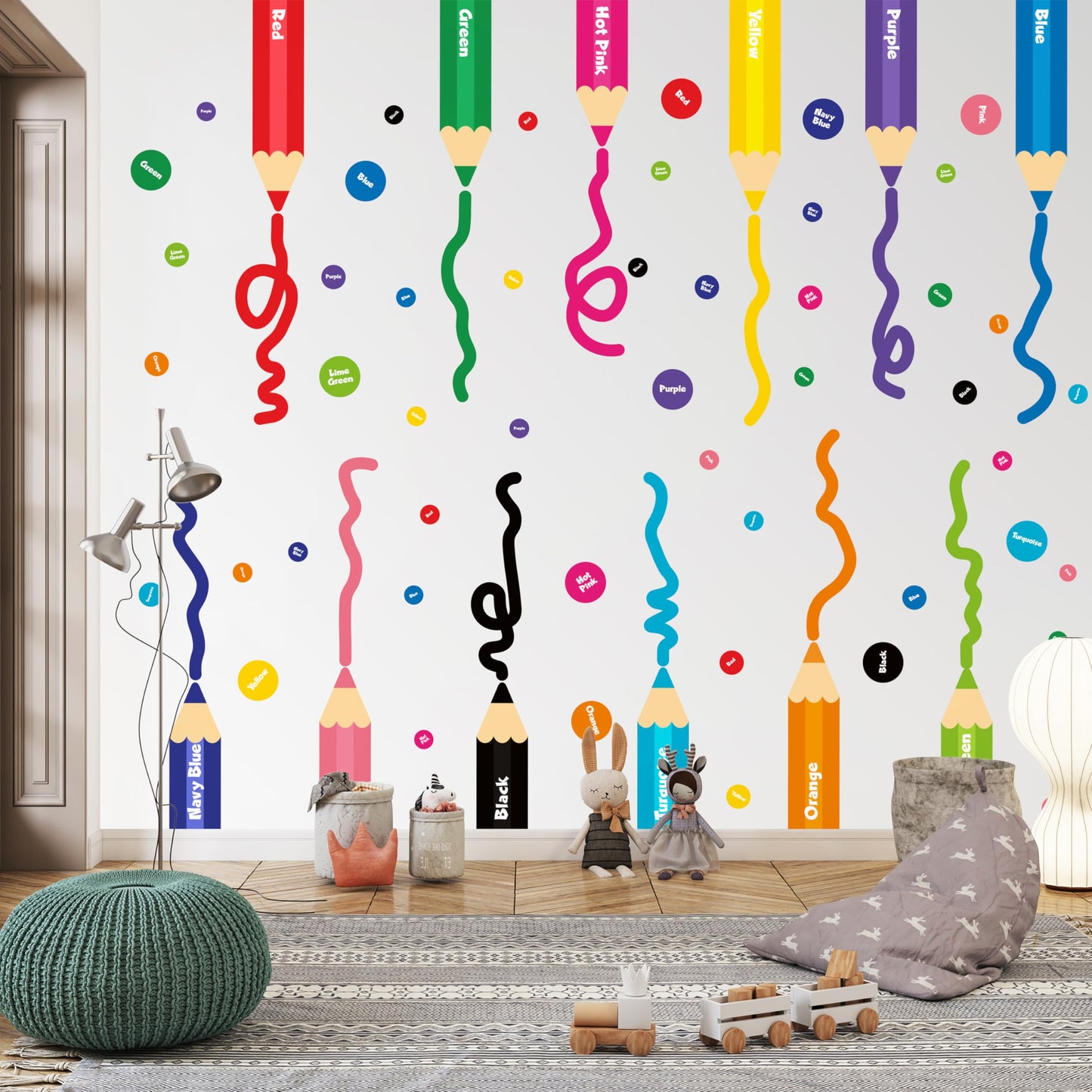 Calcomanías de pared para niños, diseño de crayón de aprendizaje de color, vinilo extraíble, diseño de lunares arcoíris, decoración educativa para el aula, habitación de bebé, recámara de niños, sala