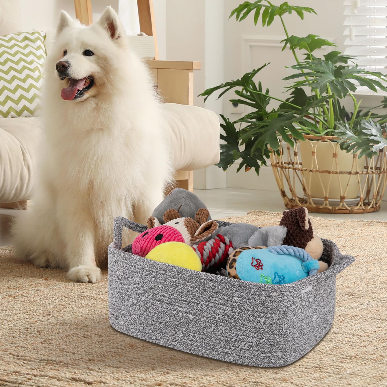 OIAHOMY - Cesta de regalo vacía con bolsas de regalo y cintas, cesta de cuerda para baby shower, cesta de almacenamiento con asas para guardería, cesta de juguetes para mascotas, color gris