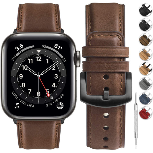Fullmosa Correa Apple Watch Ultra 49mm (Series 7/8 con 45mm Series SE/6/5/4 con 44mm, Series 3/2/1 con 42mm Yola Serie Pulsera de Piel Cuero Bruñida para iWatch, Marrón Oscuro + Hebilla Gris