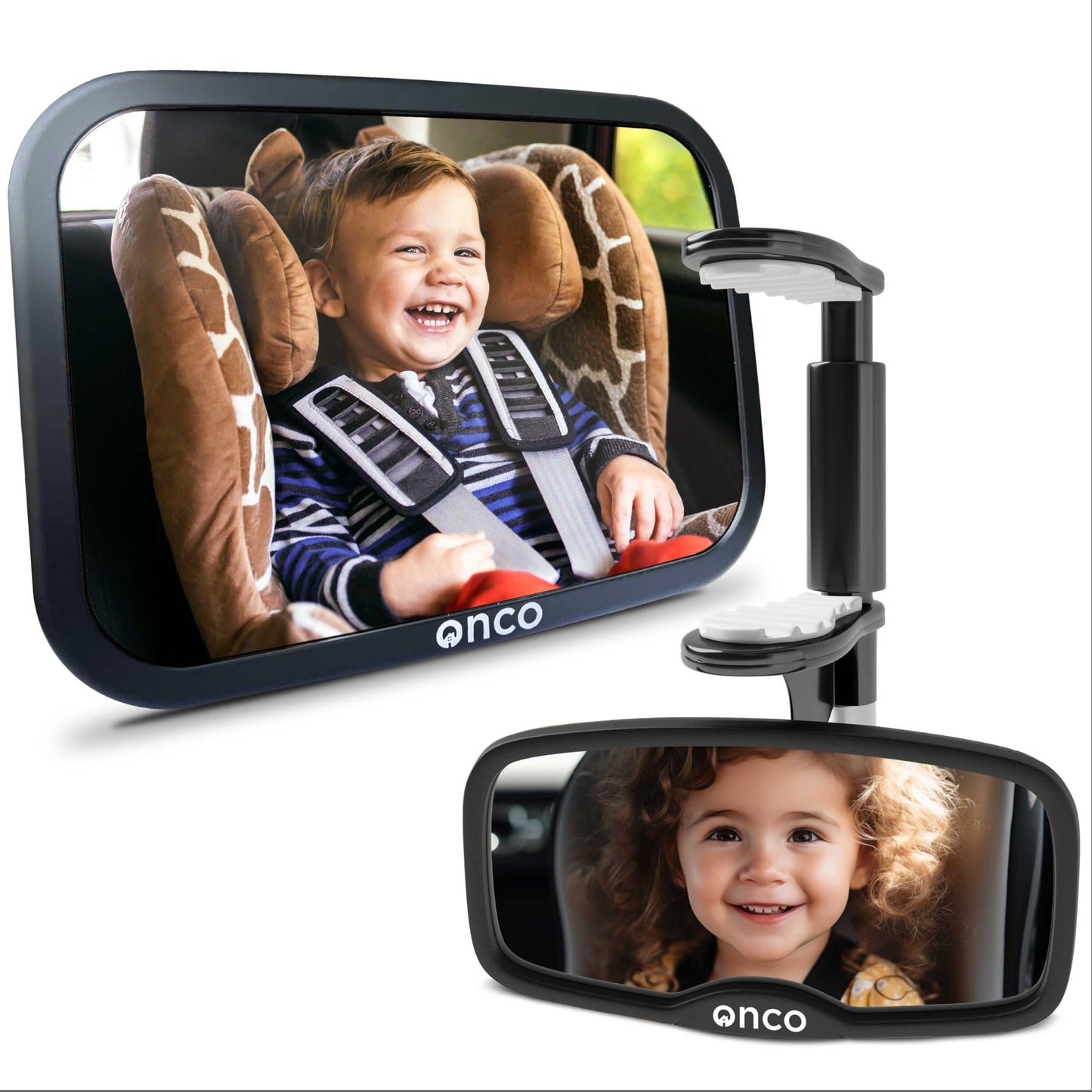 Onco - Juego de espejos para coche para bebé, retrovisores y delanteros, doble premiado, 100% inastillables y a prueba de sacudidas, rotación de 360°, vista convexa ancha, esenciales para recién