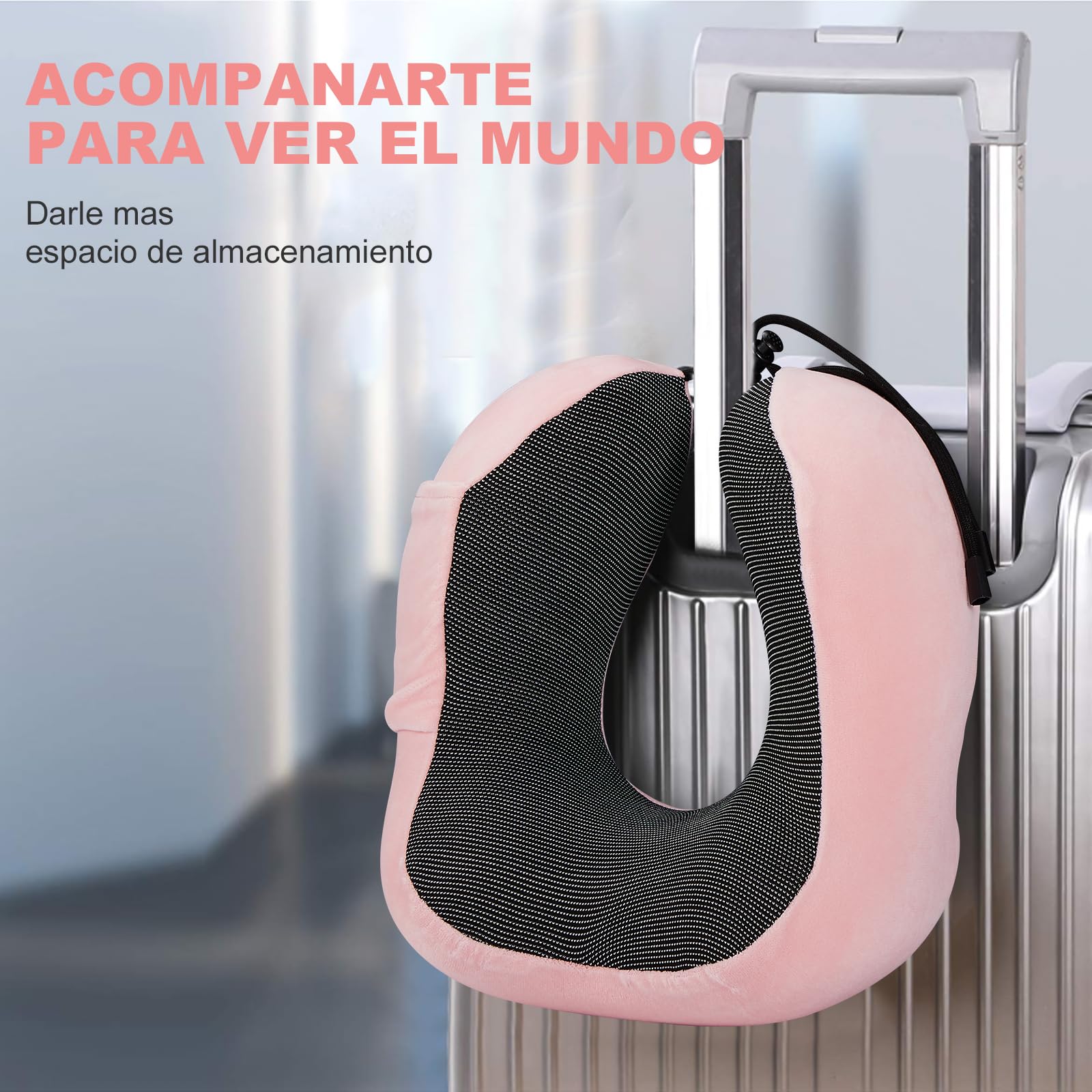 Almohada de Viaje, Almohada de Cuello Viscoelástica de Espuma de Memoria con Máscara de Ojos, Tapones para los oídos y Nariz, y Bolsa con Cordón, Soporte de Cuello para Avión, Oficina y el Hogar(Rosa)