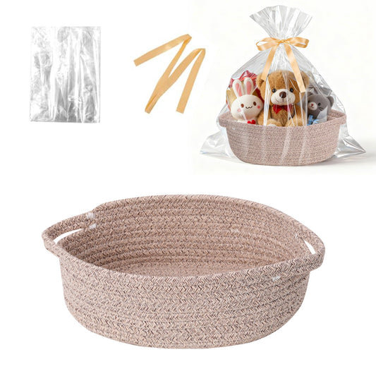 LWYMX - Cesta pequeña con bolsas de regalo y cintas, cesta tejida pequeña, bonita cuerda de algodón ovalada, regalos con asa, cesta de almacenamiento de mimbre vacía para bebés y fiestas de bebés (1