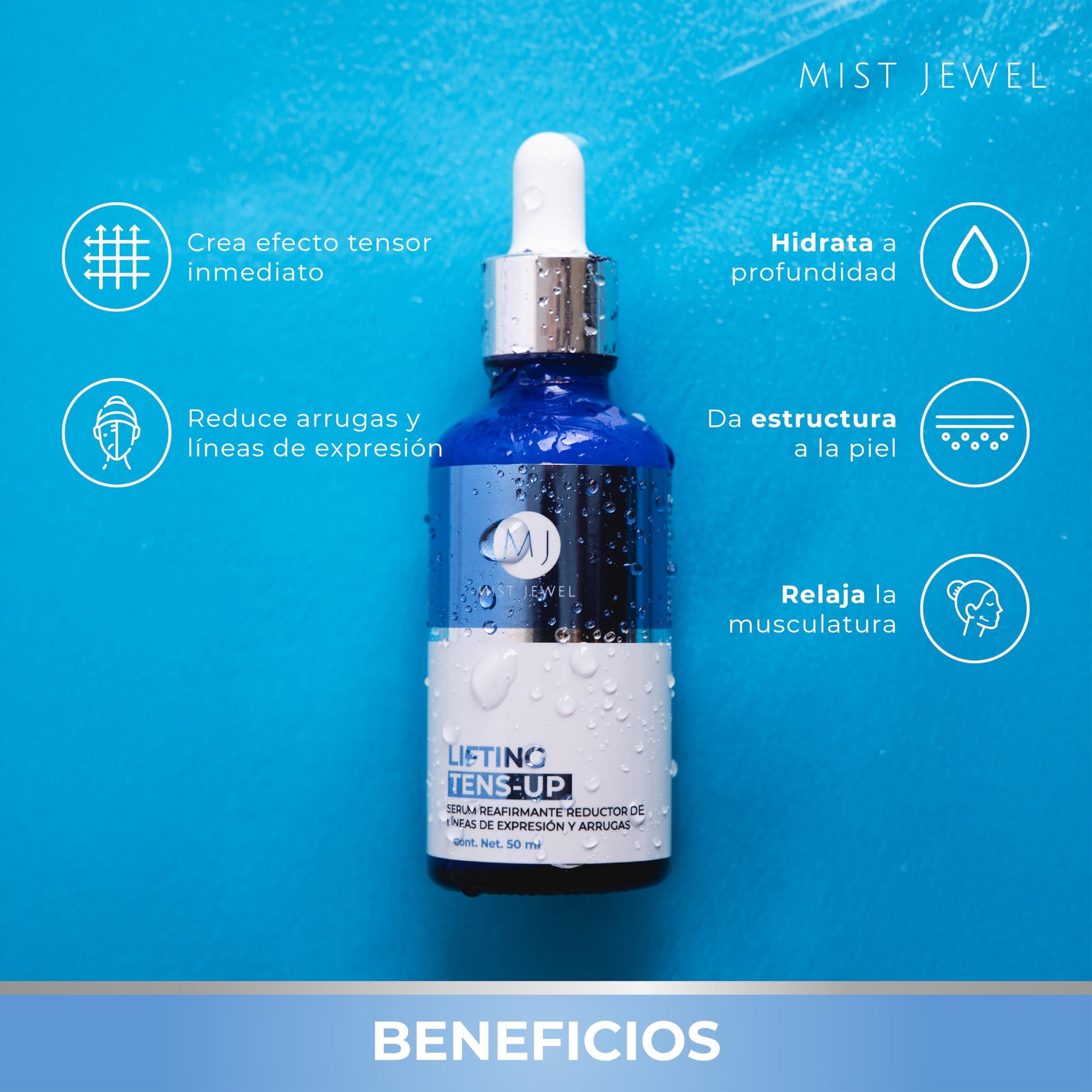MIST JEWEL Serum facial con efecto tensor lifting Tens-Up, con ingredientes antiedad y ácido hialurónico para cuidado facial de 50ml | suero reafirmante reductor de arrugas y lineas de expresion en rostro y cuello