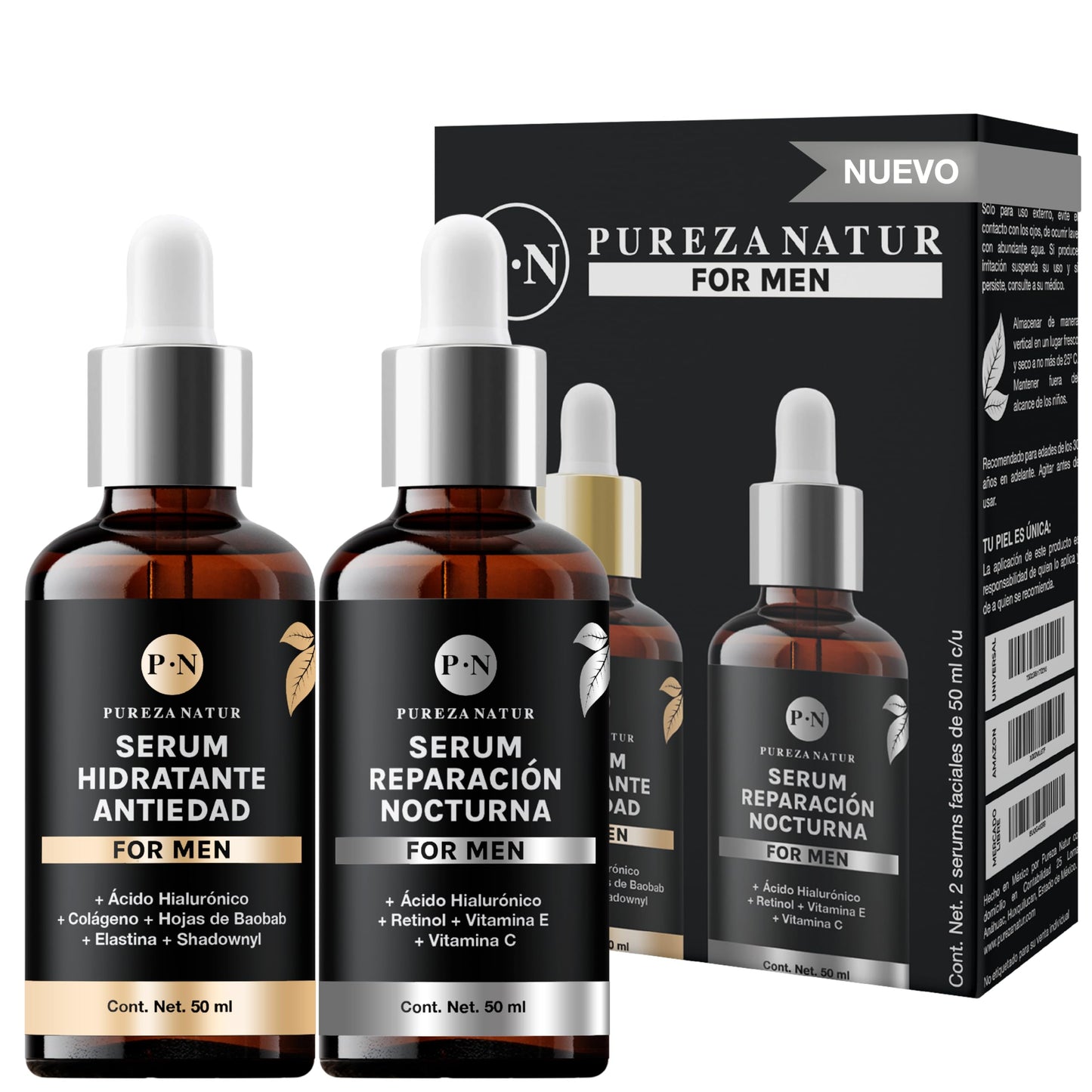 PUREZA NATUR Pack de cuidado facial para hombre completo con serum de día y de noche | Hidratación, proteccion y regeneración paquete