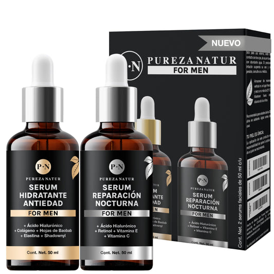 PUREZA NATUR Pack de cuidado facial para hombre completo con serum de día y de noche | Hidratación, proteccion y regeneración paquete