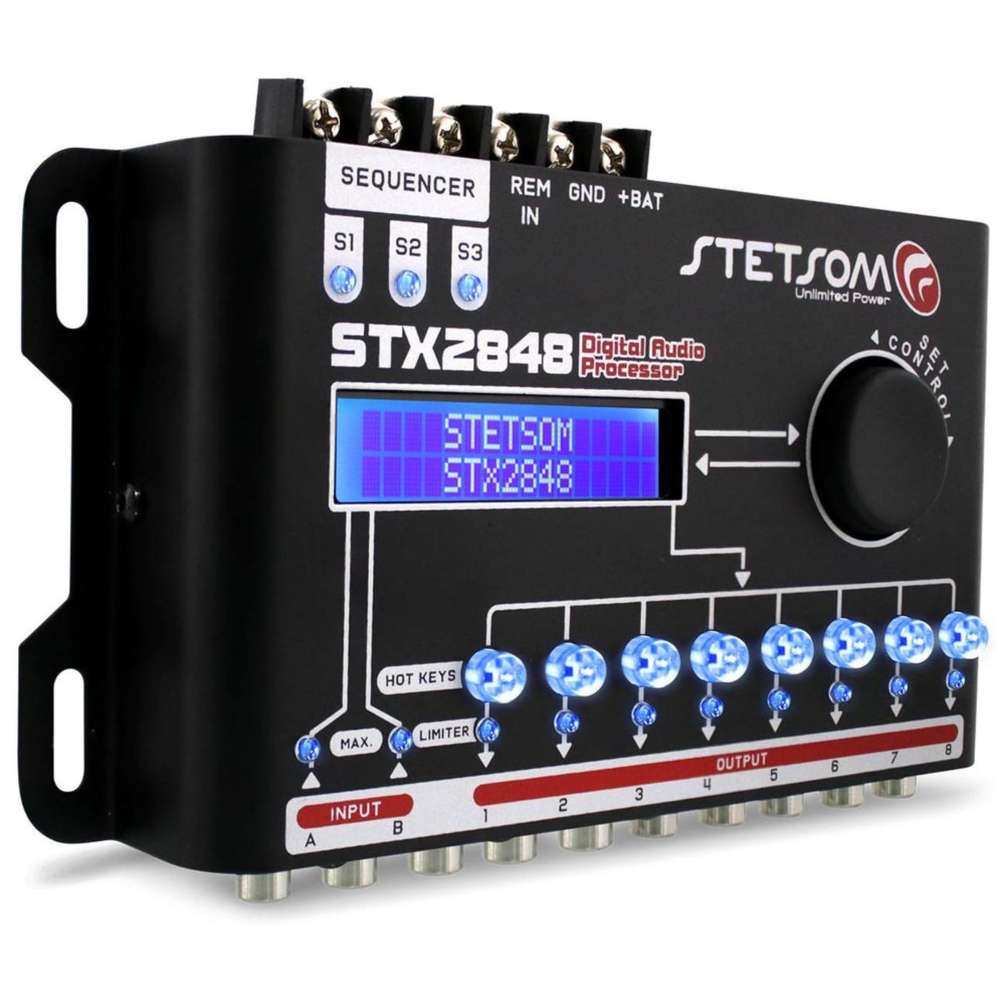 Stetsom STX 2848 DSP Crossover & Equalizer Procesador de señal Digital Completo de 8 Canales (secuenciador) Relé Remoto 2.8
