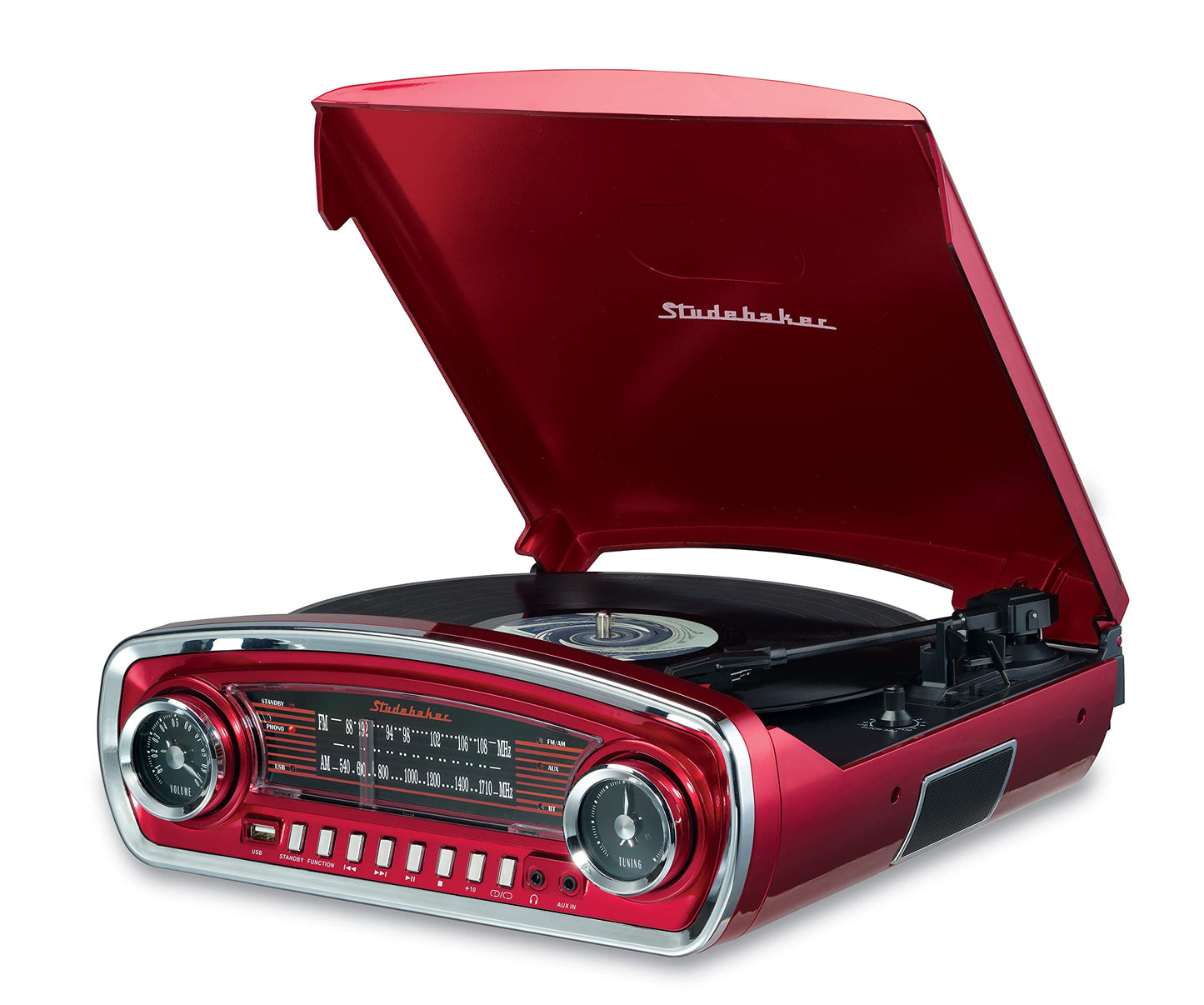 Studebaker - Tocadiscos de 3 velocidades con control de tono, con receptor Bluetooth, radio estéreo AM/FM, ranura USB para reproducción de MP3, conectores para audífonos y auxiliar (rojo)
