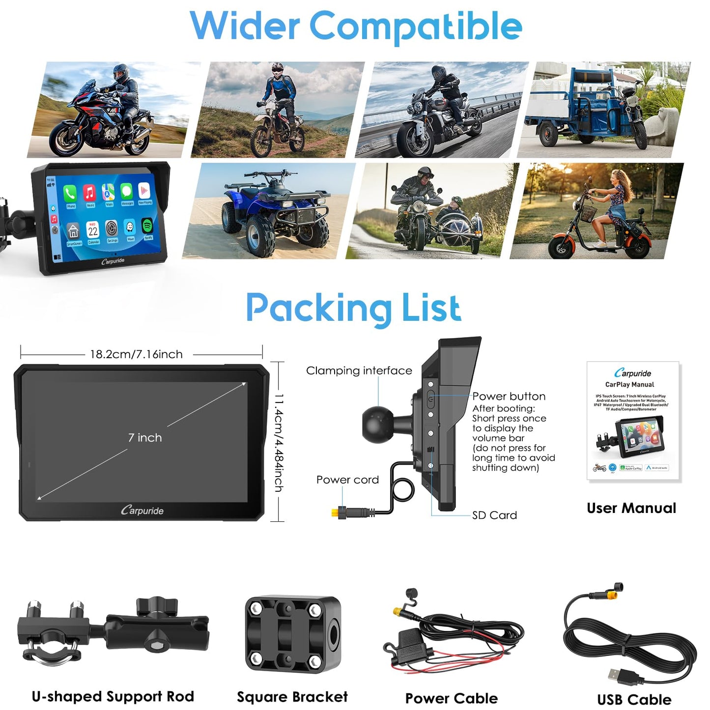 Carpuride W702PRO - visualización de navegación GPS impermeable de 7 pulgadas para motocicleta, intercambio de música, intercomunicador, ecualizador, sensor de luz, brújula, barómetro