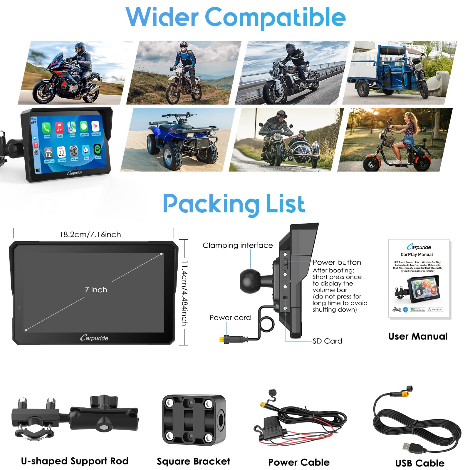 Carpuride W702PRO - visualización de navegación GPS impermeable de 7 pulgadas para motocicleta, intercambio de música, intercomunicador, ecualizador, sensor de luz, brújula, barómetro