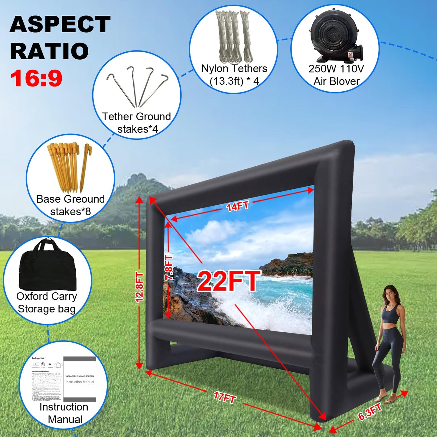 GYUEM - Pantalla de proyección de 22 pies – Pantallas de Cine inflables para Exteriores e Interiores, Ideal para Fiestas al Aire Libre y diversión en el Patio Trasero
