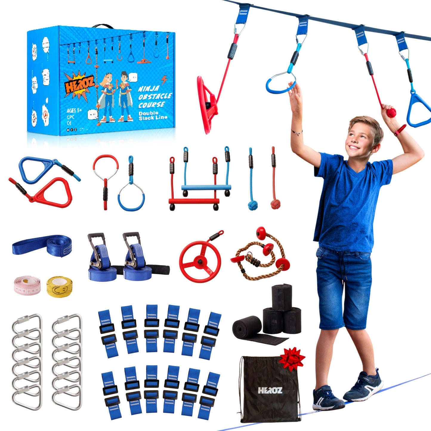 Heroz - Campo de obstáculos para niños - Campo de obstáculos Ninja Warrior para niños Equipo de juego al aire última intervensión de 60 pies, doble holgura, barras de overol, rueda, cuerda de escalada