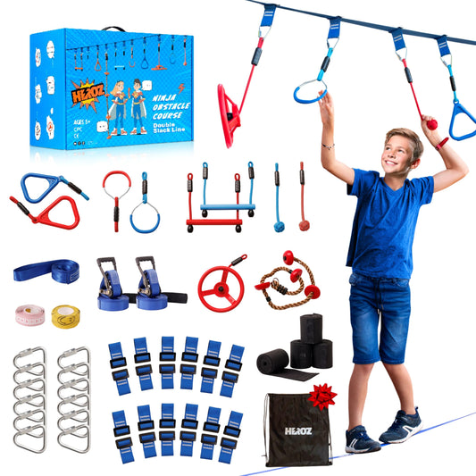 Heroz - Campo de obstáculos para niños - Campo de obstáculos Ninja Warrior para niños Equipo de juego al aire última intervensión de 60 pies, doble holgura, barras de overol, rueda, cuerda de escalada