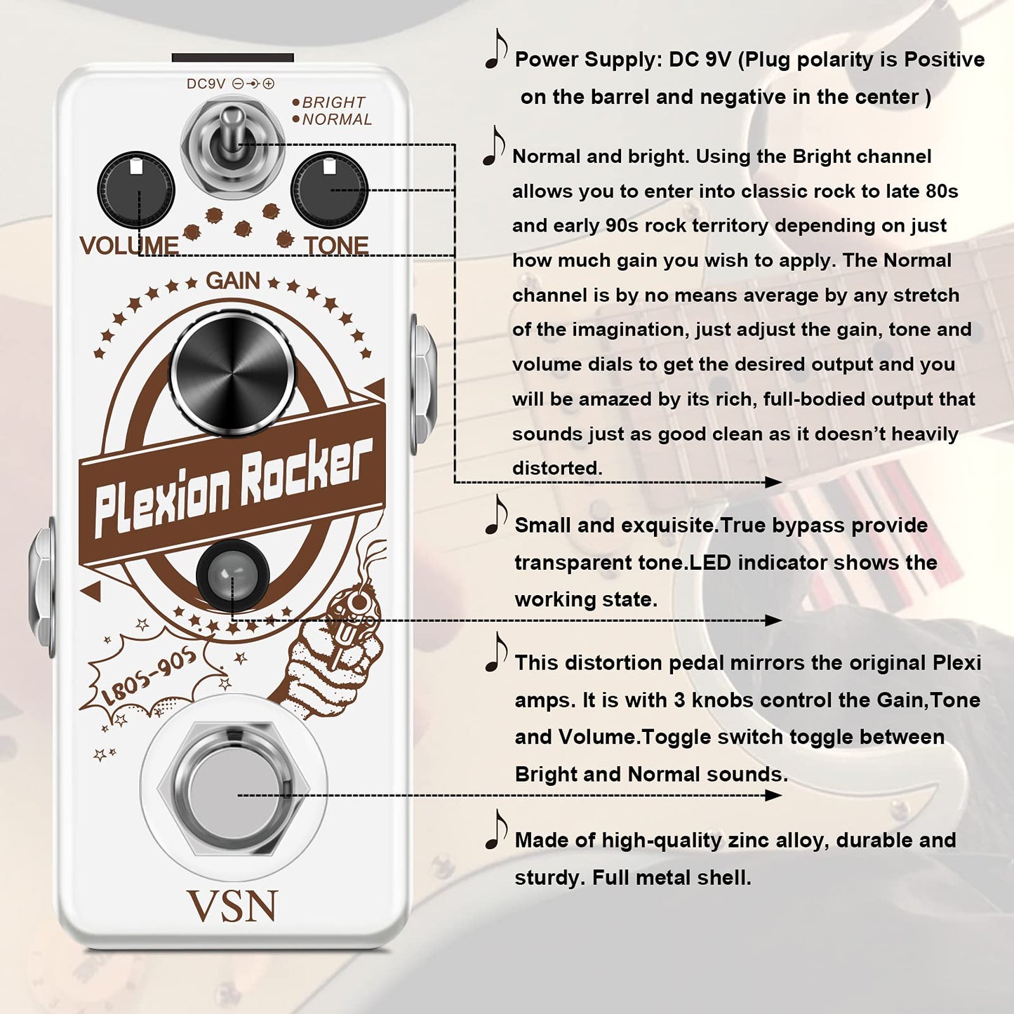 Pedal de Distorsión VSN Plexion Efecto para Guitarra Bajo con Modos Brillo Normal True Bypass