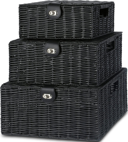 Honygebia - Juego de 3 cestas de almacenamiento de mimbre negro - Cajas decorativas con tapas, cesta tejida con cerradura y asa, organizador para maquillaje, belleza, decoración de baño