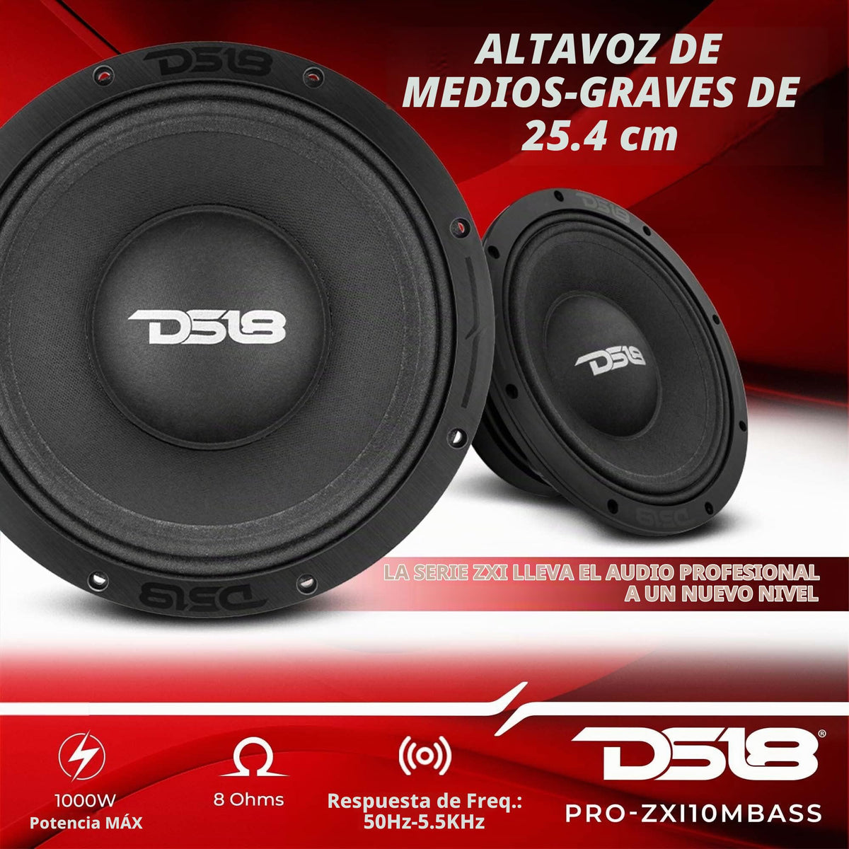 Altavoz de Audio Profesional DS18 Rojo 1000 Vatios para Sistema de Sonido de Coche o Camión