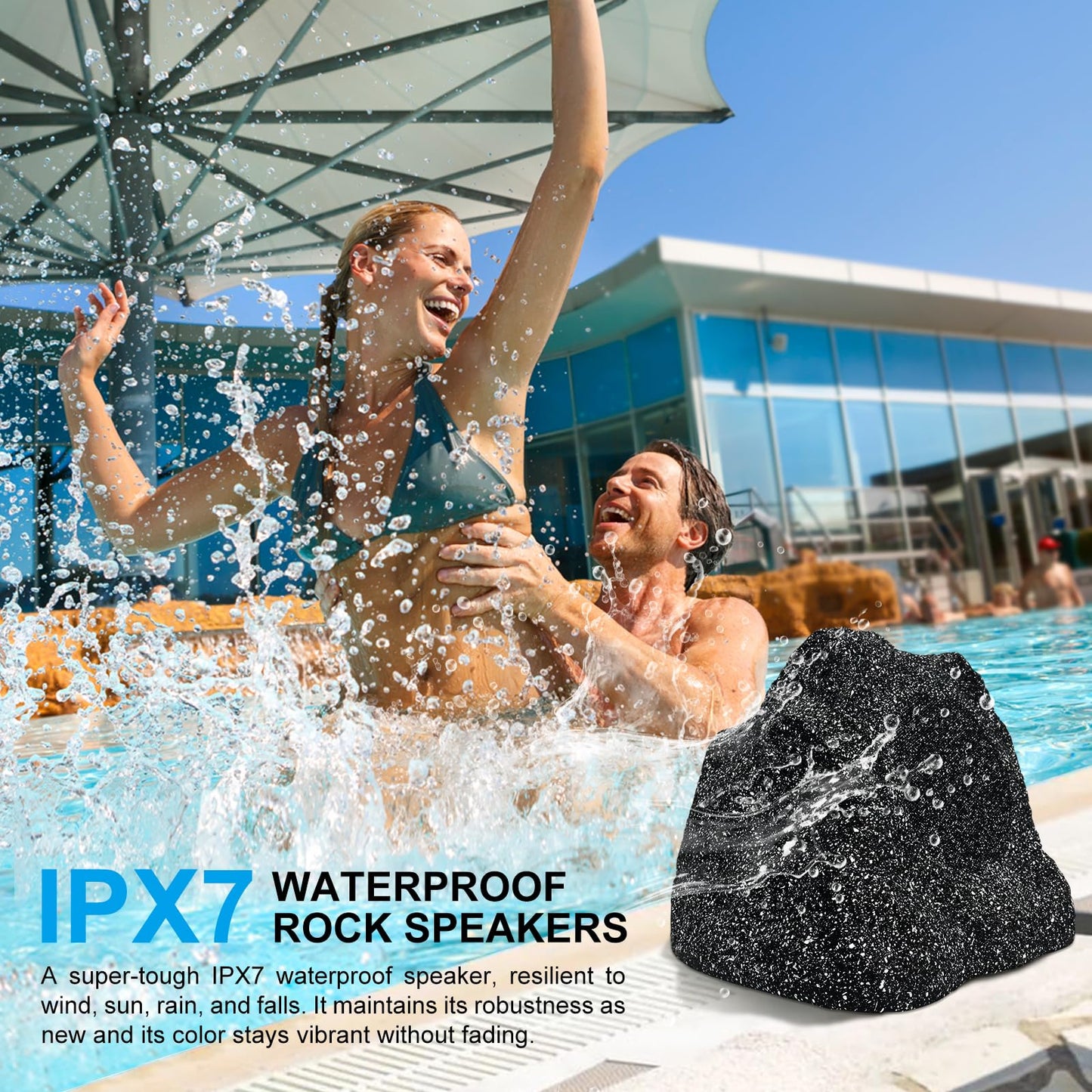 Herdio Outdoor Rock Lot de 2 altavoces Bluetooth resistentes al agua IPX7 de 200 W en resina para terraza, piscina, jardín, barbacoa