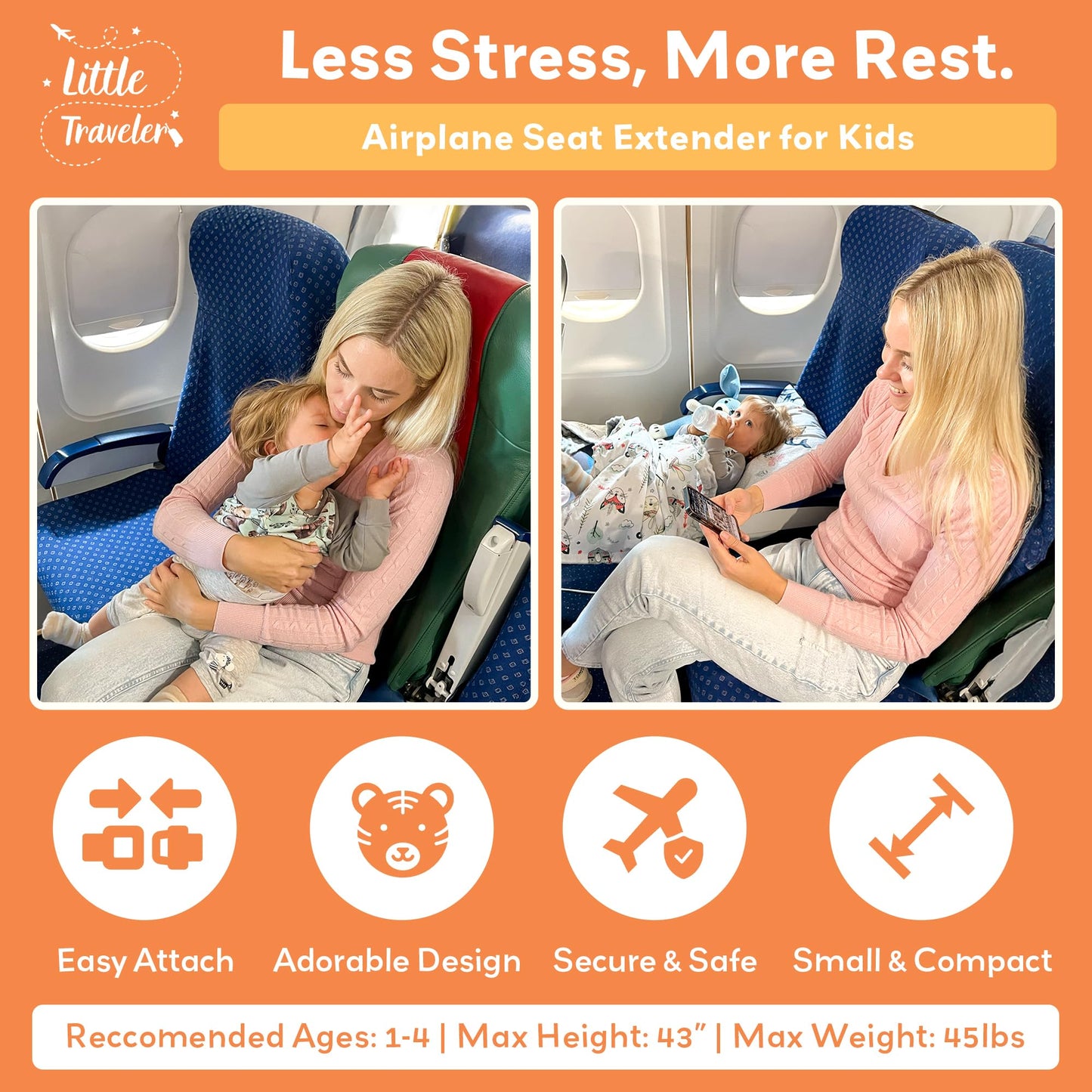 Little Traveler - Cama de Avión para Niños y Extensor de Asiento – Cama Portátil para Viaje, Ajustable y Fácil de Instalar – Esenciales para Viajar con Niños de 1 a 4 Años