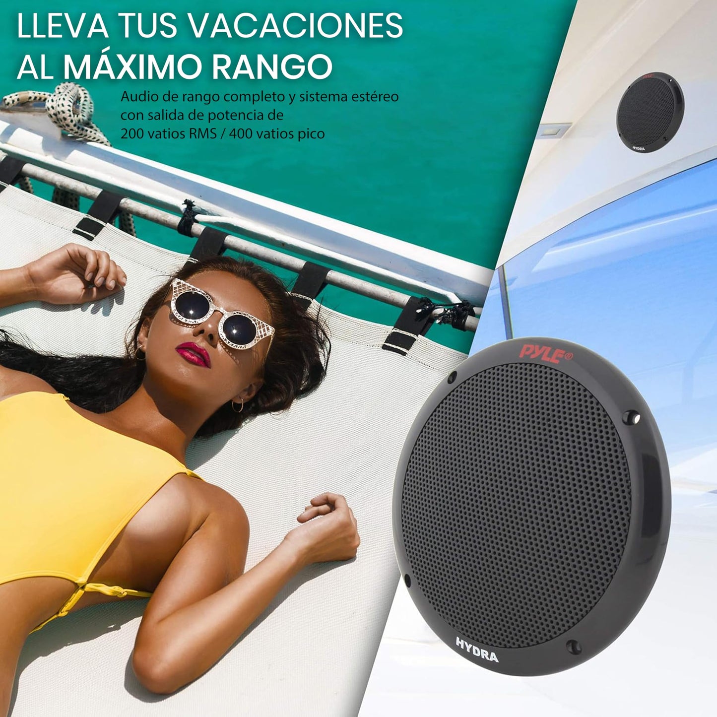Pyle bocinas Marinas Dobles de 6.5 Pulgadas. Sistema de Sonido estéreo para Exteriores Resistente al Agua. 2 vías. Potencia 400 Watts. 1 par. Negro
