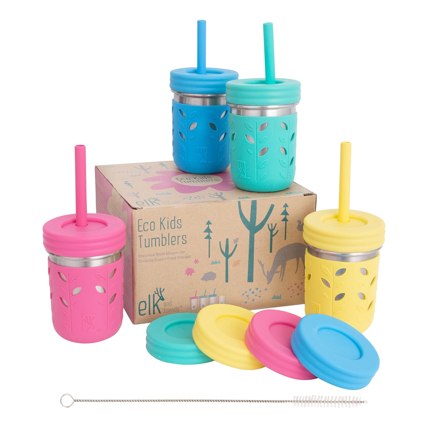 Elk and Friends Tazas de 10oz de Acero Inoxidable para Niños + Bebidas para Pequeñitos | El Tarro de Mason Original con Fundas + Tapas | Popotes de Silicona | Licuados | Tarro de Almacenamiento |