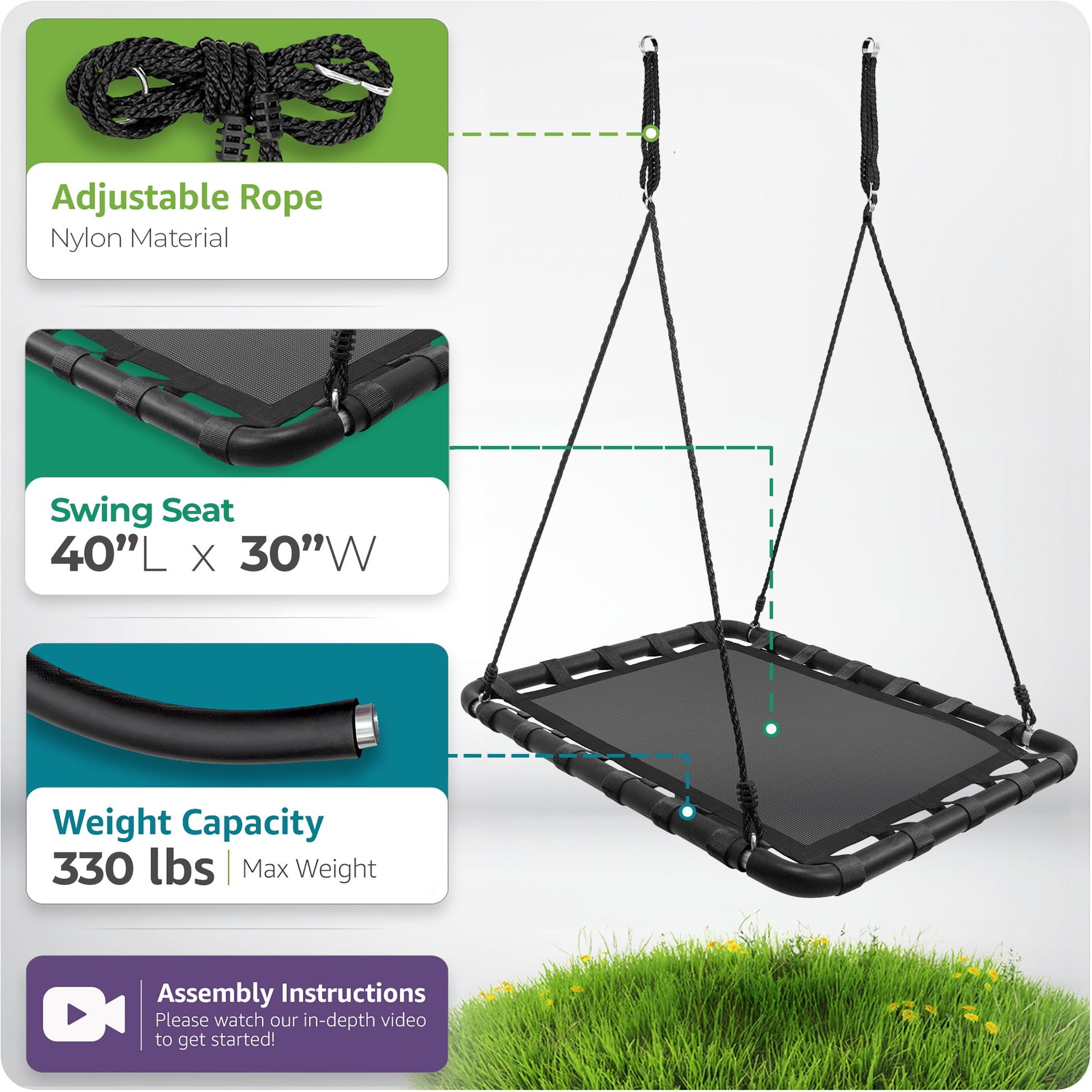 Columpio Rectangular Sorbus Negro para Árbol y Parque Infantil con Accesorios Incluidos para Niños