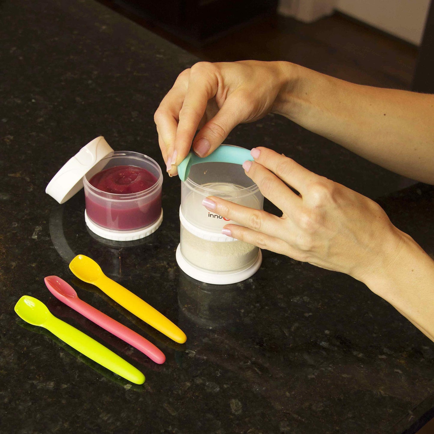 Innobaby Silicone Baby Spoon with Carrying Case Gum Friendly BPA, Mango