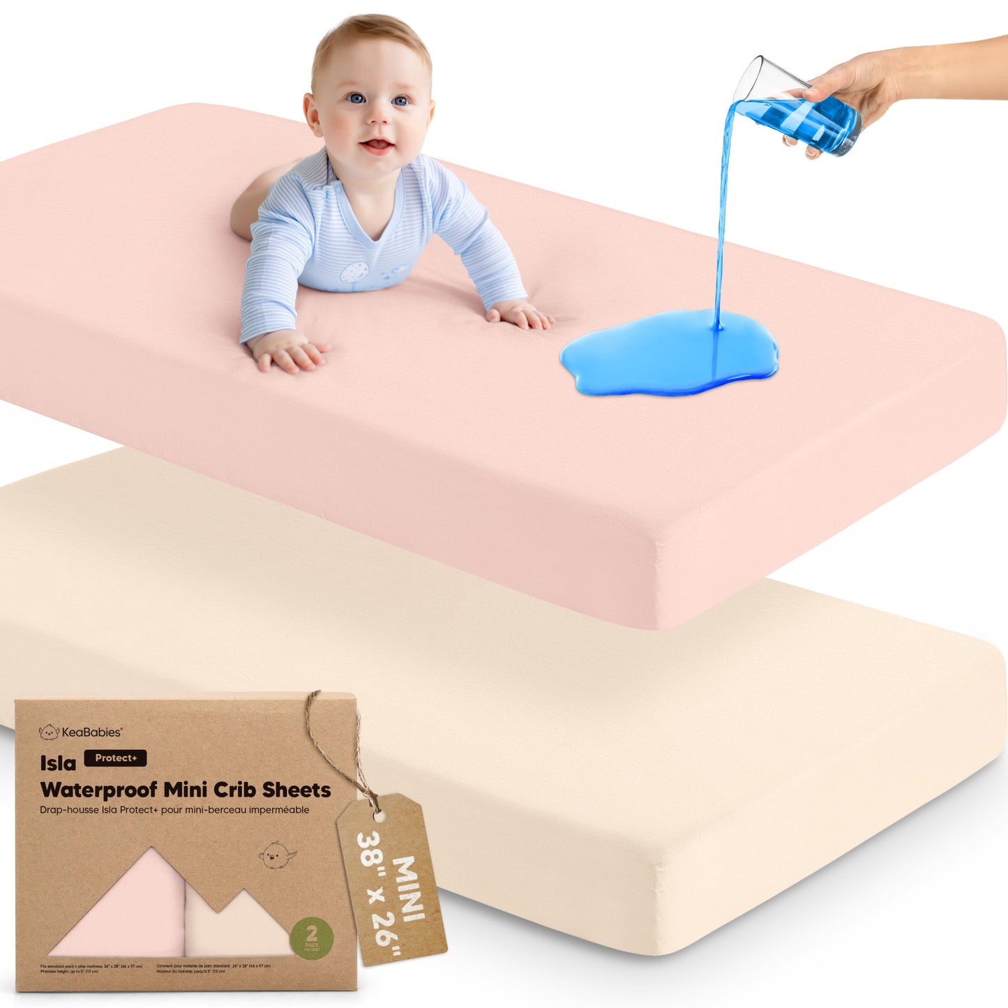 Paquete de 2 sábanas impermeables y de juego, mini sábanas para cuna ajustadas para niños, niñas, viscosa de 38 x 26 pulgadas de bambú Pack N Play para Graco, sábanas de cuna para bebé infantil neutro