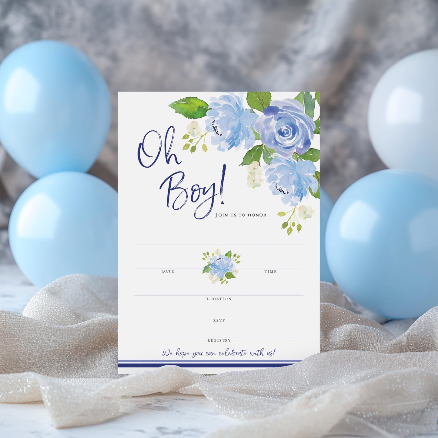 Invitaciones para fiesta de bebé, paquete de 25 unidades, diseño de flores azules