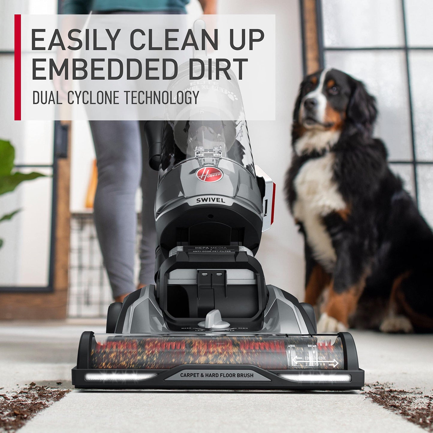 Hoover - Aspiradora Para Mascotas Maxlife Elite Swivel Xl Con Filtración De Medios Hepa, Alfombras Y Pisos Duros, Gris, Vertical Uh75250 Sin Bolsa, 16 Libras