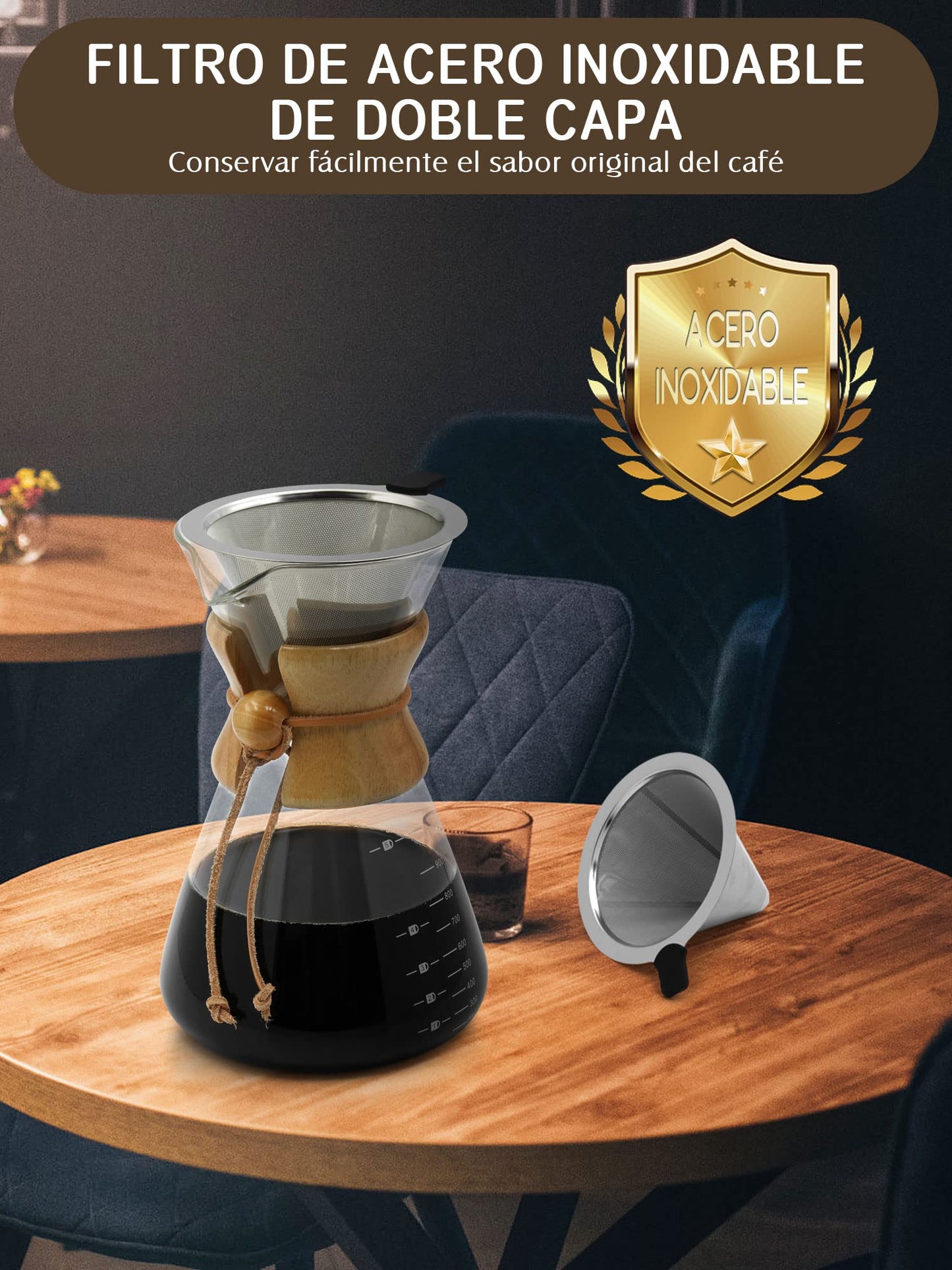 Cafetera De Vidrio 1000ML con Filtro de Acero Inoxidable 304 para Goteo Manual