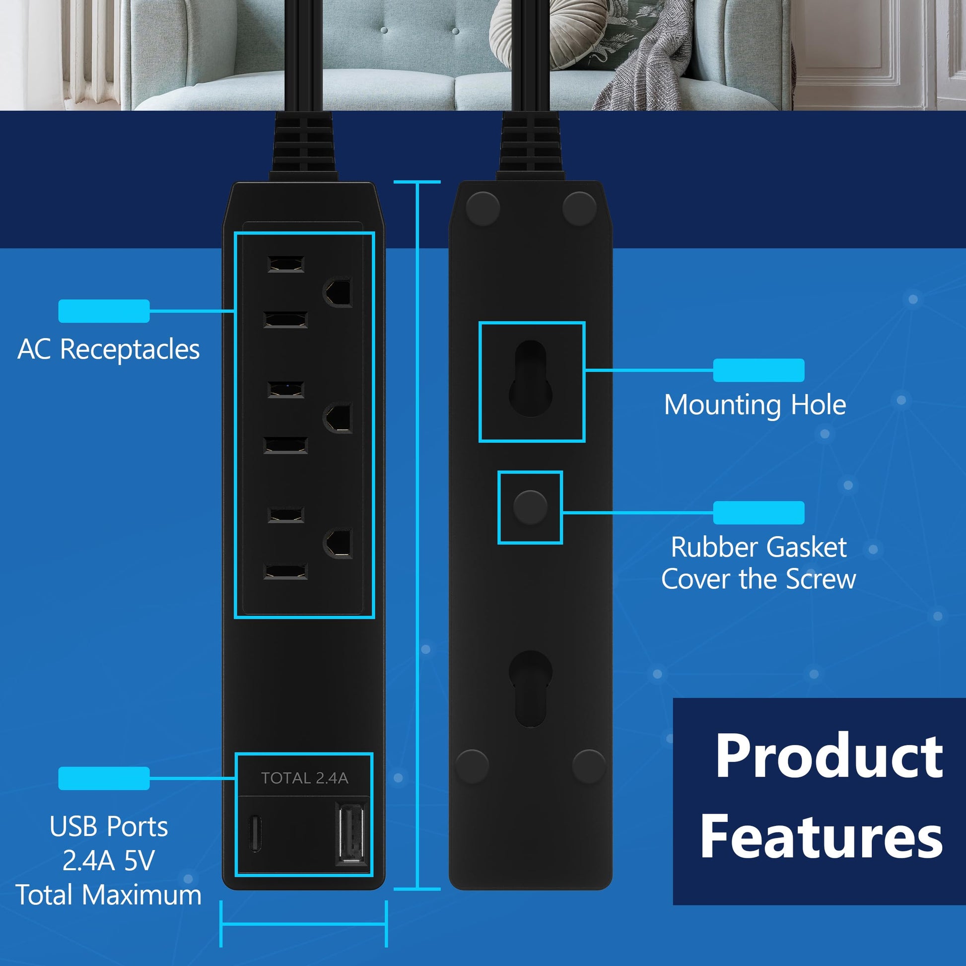 LIDER Extensor de salida con 3 receptáculos, 12 W USB tipo A y USB tipo C, puerto USB, enchufe ultrafino de placa de pared con extensor de cable, tira de alimentación de 3 tomas, cara plana, cable de