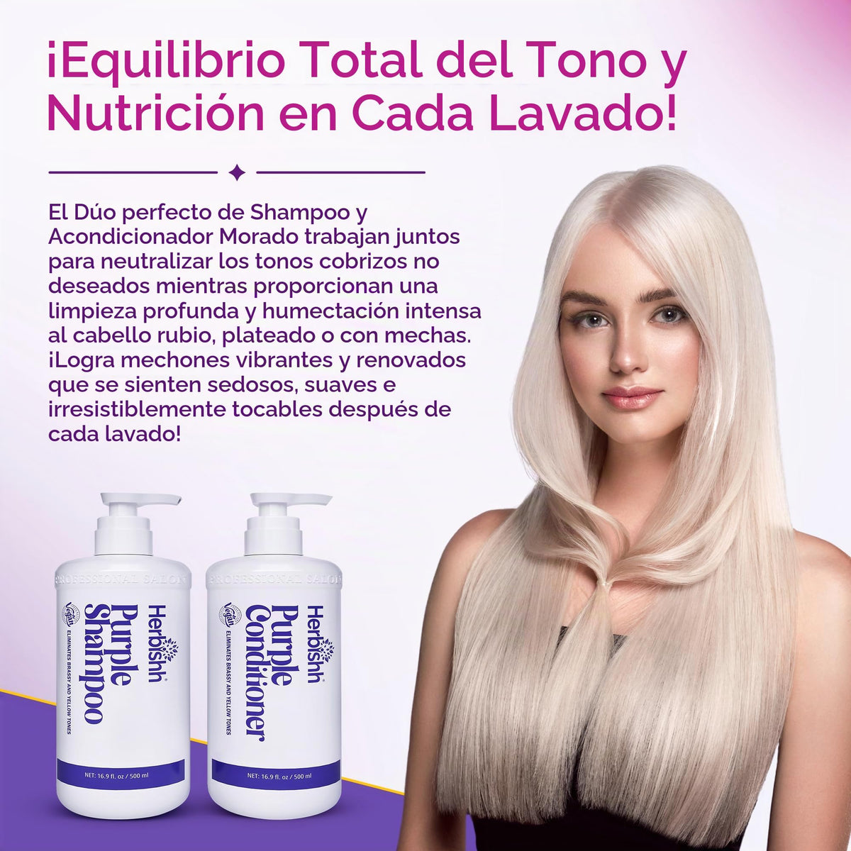 Set Shampoo y Acondicionador Morado Herbishh – Neutraliza Tonos Amarillos y Cobrizos | Para Cabello Rubio, Plateado y con Mechas | Hidratante y Nutritivo | Fórmula Vegana y Segura para el Color | 500 ml c/u