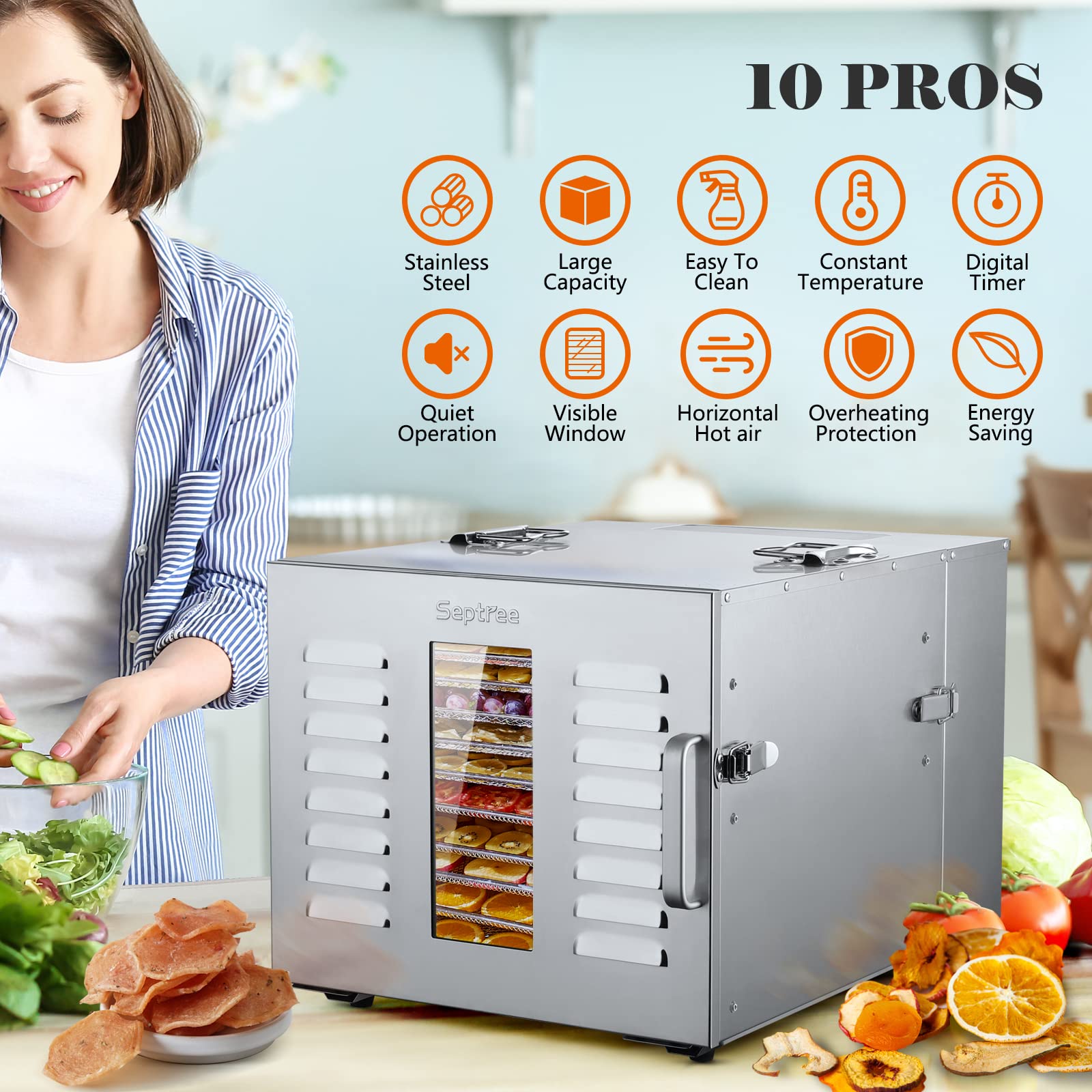 Deshidratador Comercial Septree Acero Inoxidable con 10 Charolas desmontable 1000 W 190°F