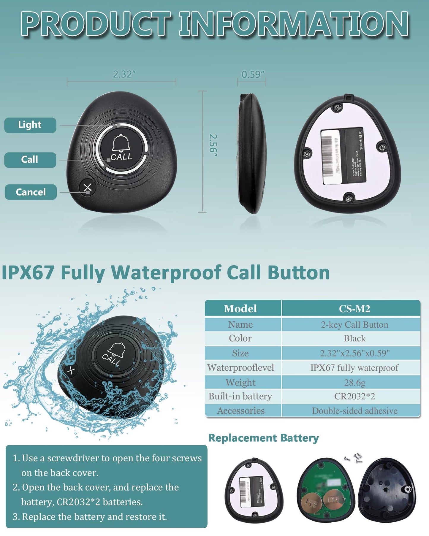 WNKRUN Sistema inalámbrico de llamadas de restaurante con 1 buscador de reloj impermeable y 5 botones de llamada con llave de cancelación