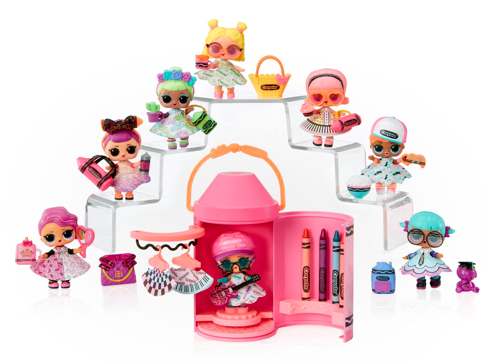 L.O.L. Surprise! Loves CRAYOLA - Colour Me Studio con Muñeca Coleccionable - Más de 30 Sorpresas incluyendo Muñeca, Vestidos de Papel y 4 Crayones - Packaging capsula de crayón - Edad: 3+ años