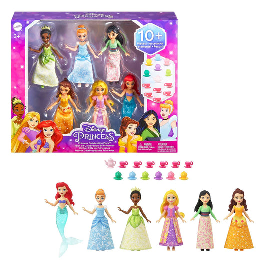Juego de Fiesta Mattel Disney Princess en Ropa Brillante con 6 Muñecas y 13 Accesorios para el Té