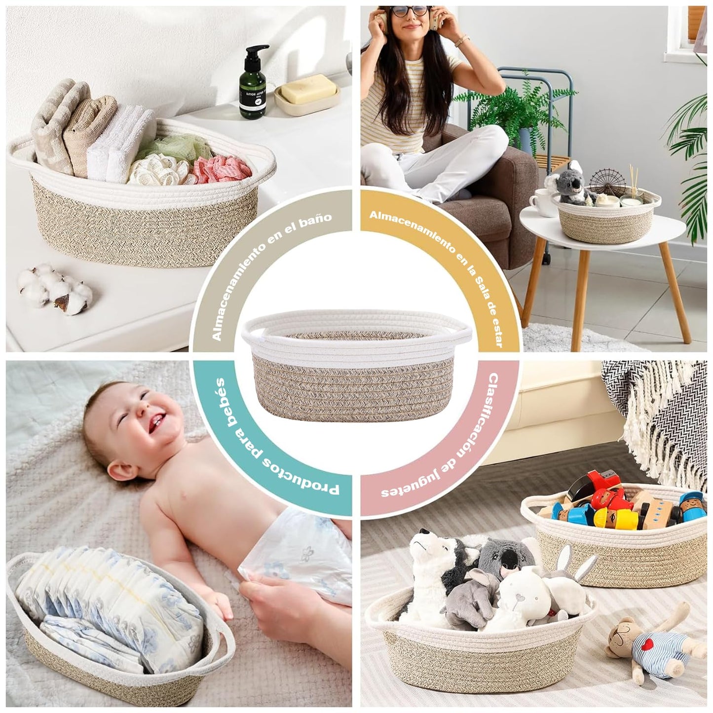 NUIO 5 Piezas Canastas Organizadoras Rectangulares de Algodón Natural con Asas, Caja Cestas de Almacenamiento,Ideal para Baño, Juguetes Infantiles, Clóset, Maquillaje y Organización del Baño (caqui)