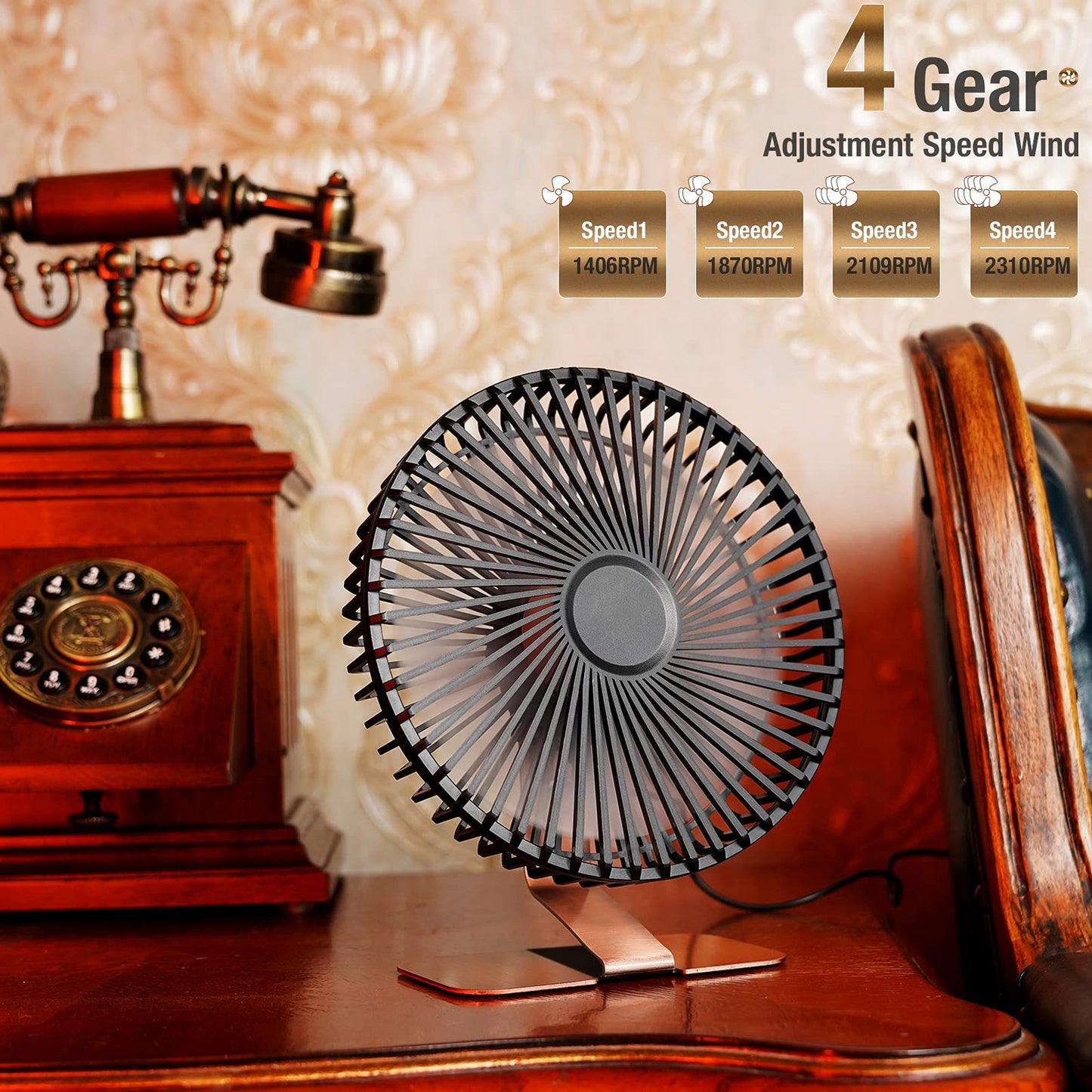 Ventilador de Escritorio SLENPET Bronce USB 6 Pulgadas Ultra Silencioso 4 Velocidades Base de Metal