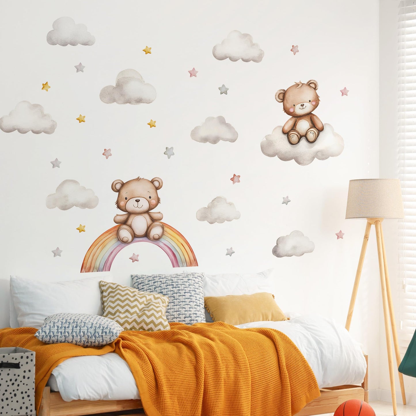 Calcomanías de pared de oso de peluche, pegatinas de pared de oso de dibujos animados, estrella de arco iris, para habitación de niños, habitación de bebé, habitación de bebé, decoración de cuarto de