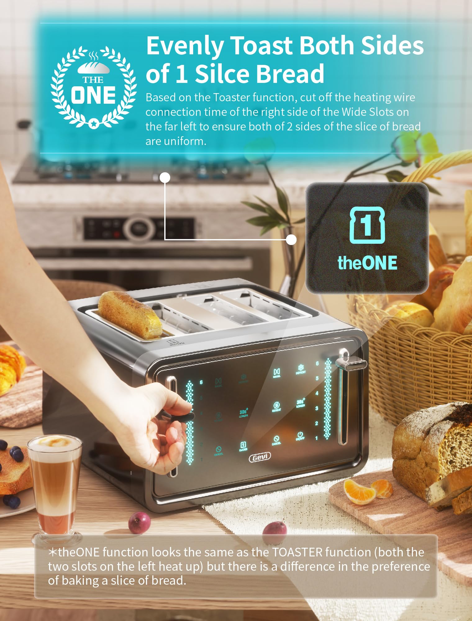 Gevi tostador de 4 rodajas, visualización LED táctil tostador de bagel con paneles de control dual de bagel/recalentamiento/descongelación/cancelación/tostado una rebanada/función más larga, ajuste de 6 tonos