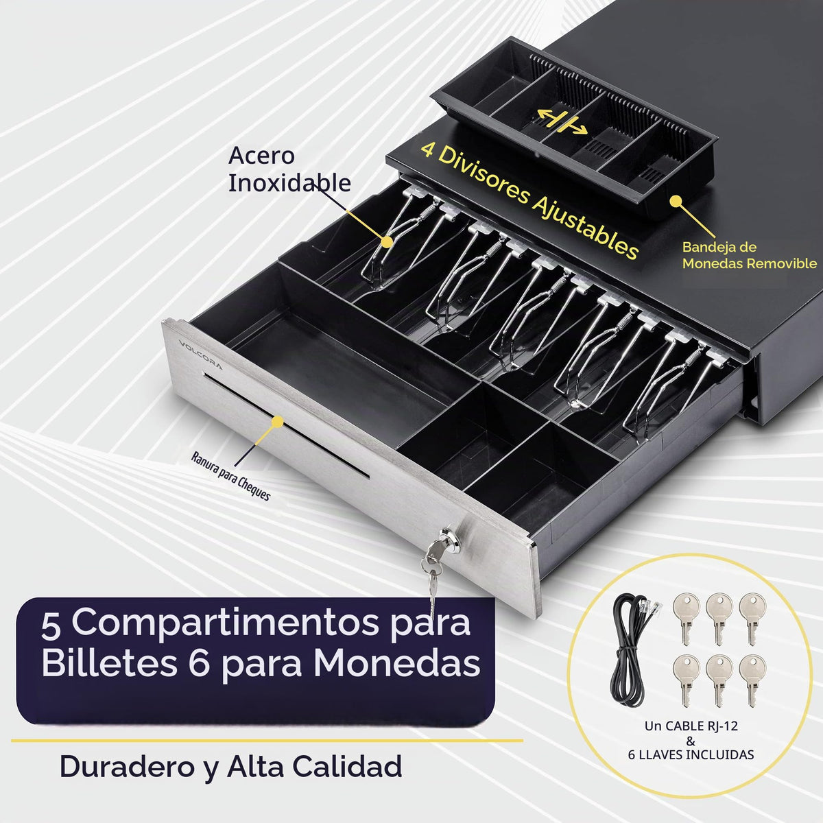 Cajón Registradora Volcora Acero Inoxidable 16 Pulgadas con Bandeja Extraíble y Cerradura de Llave RJ11/RJ12 para Sistema POS