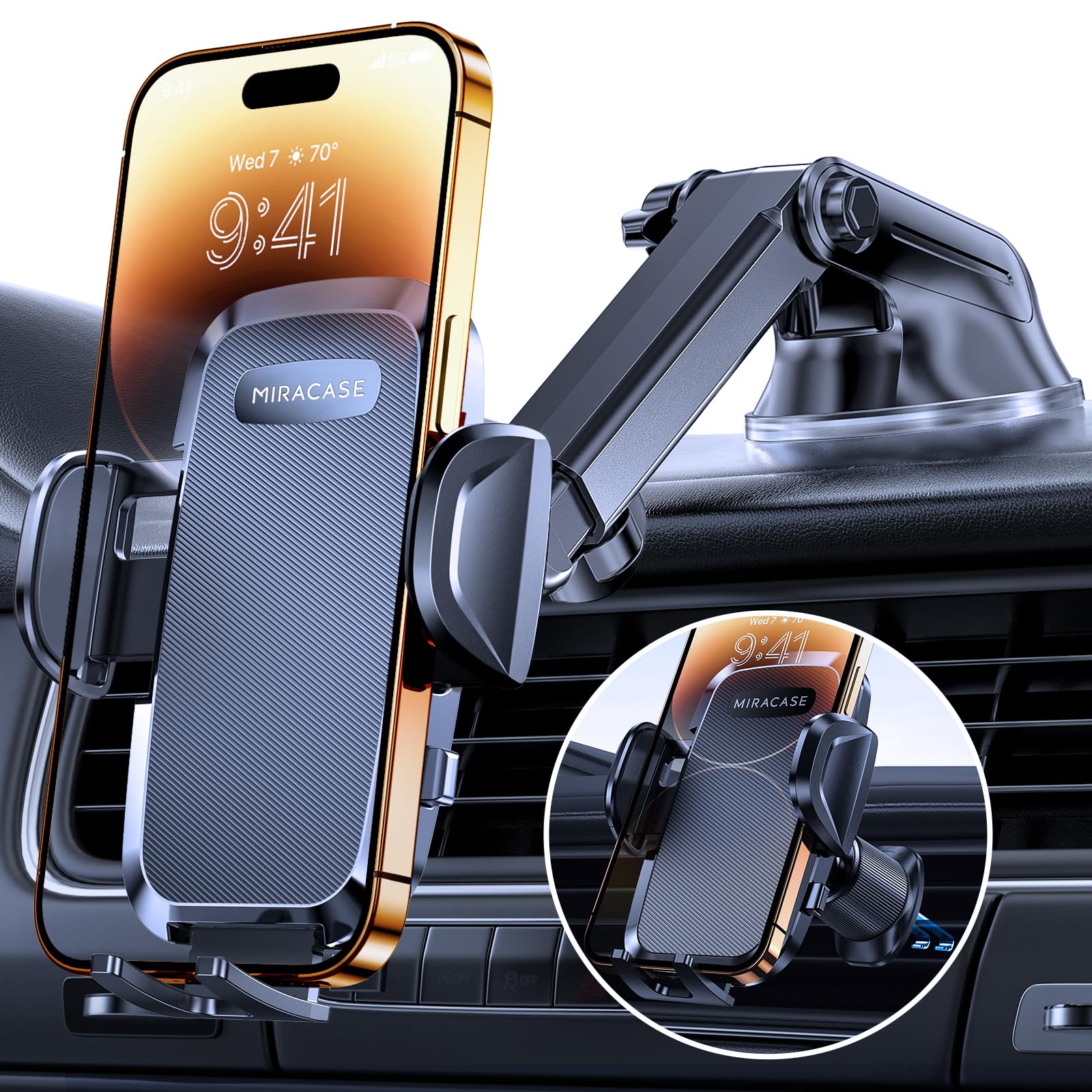 Soporte Celular Automóvil Miracase Ventosa Potente Doble Gancho para Parabrisas y Ventilación Universal