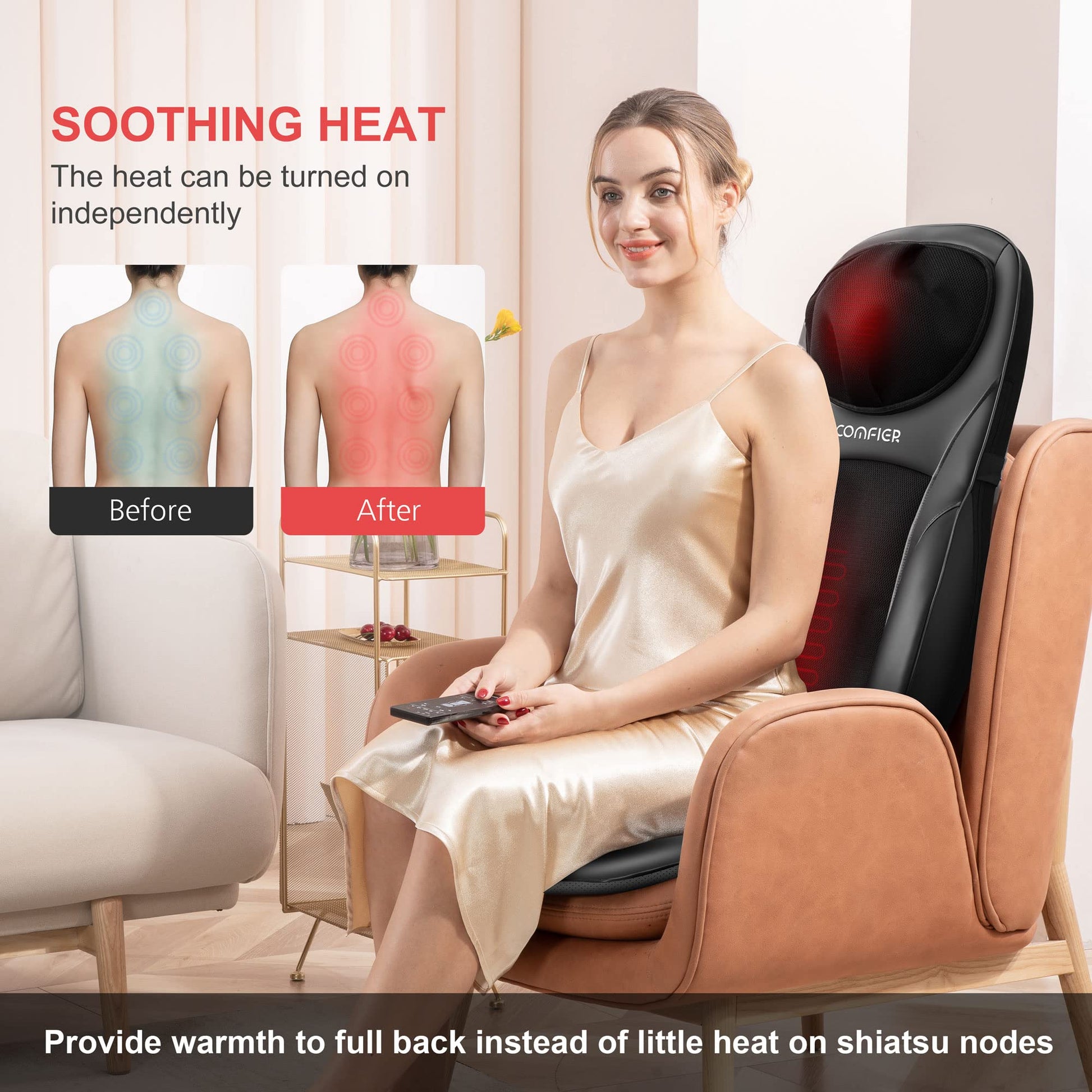COMFIER Masajeador De Espalda Shiatsu Con Calor, Acolchado Profundo Y Almohadilla Para Silla De Masaje Rodante, Masajeador De Silla Para Uso Doméstico En La Oficina, Regalo Para Papá, Mamá