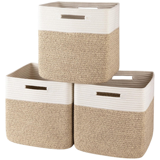 OIAHOMY - Cestas tejidas de cuerda de algodón para organizar 3 unidades de 13 x 13 x 12.6 pulgadas, cestas rectangulares de almacenamiento para ropa, cestas de almacenamiento para niños, sala de