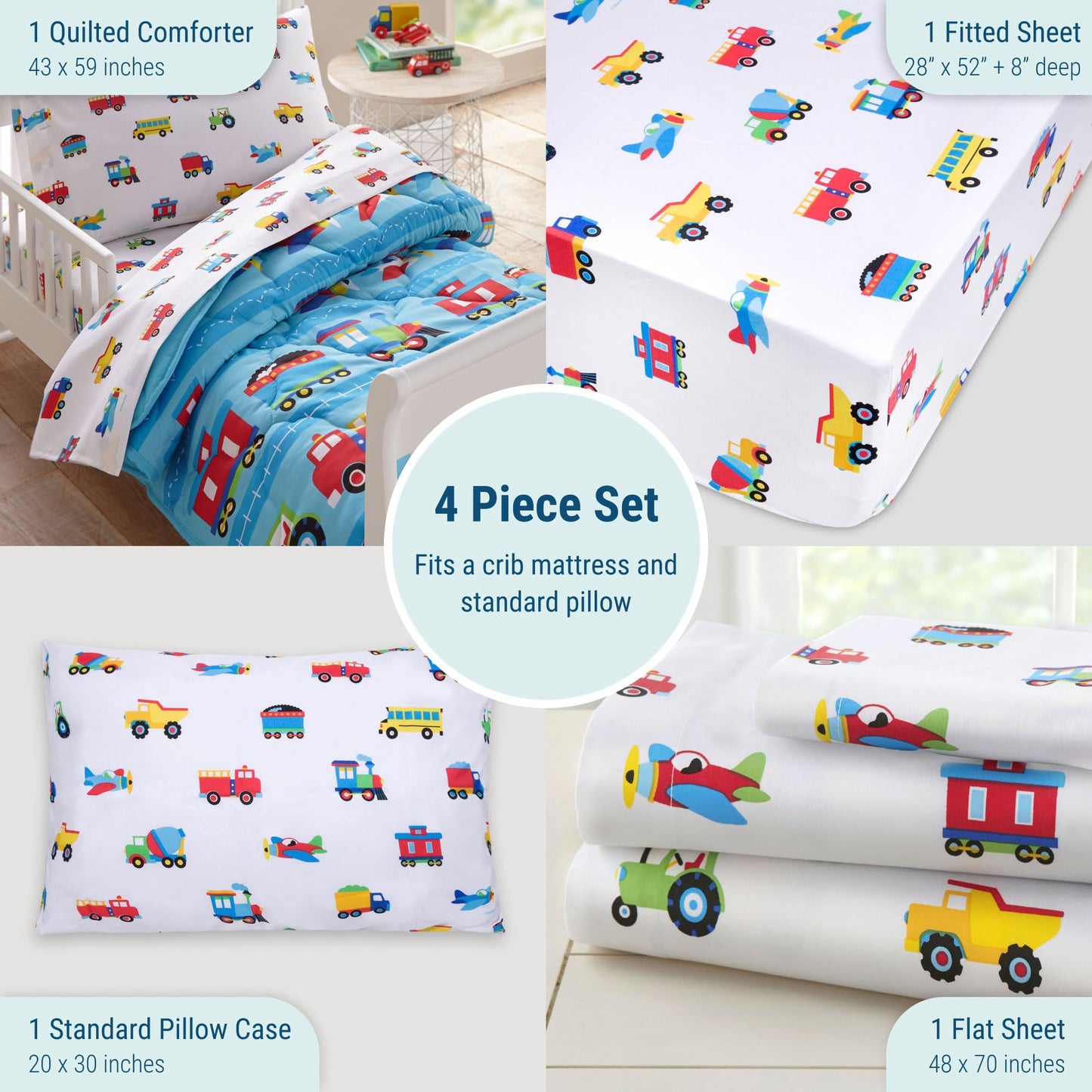 Wildkin Cama infantil de 4 piezas en una bolsa para niños y niñas, juego de ropa de cama de microfibra incluye edredón, sábana encimera, sábana bajera y una funda de almohada (trenes, aviones y camiones)
