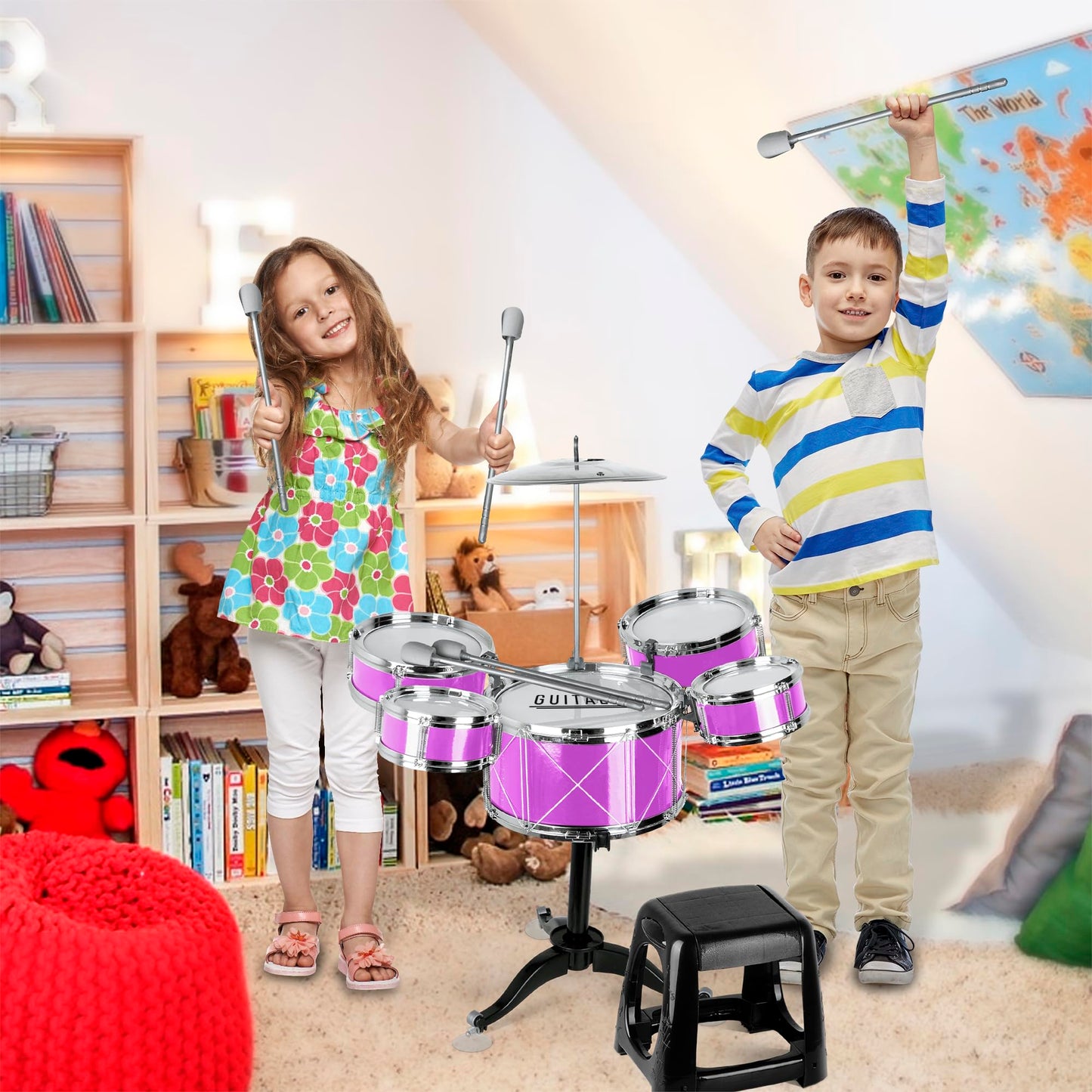 Guitalia Batería para Niños con Banco y Baquetas, Platillo, Bombo y Tarolas con Sonidos Realistas, Fácil de Armar, Ligera, Resistente, Ideal para Desarrollar la Creatividad y Habilidades Musicales