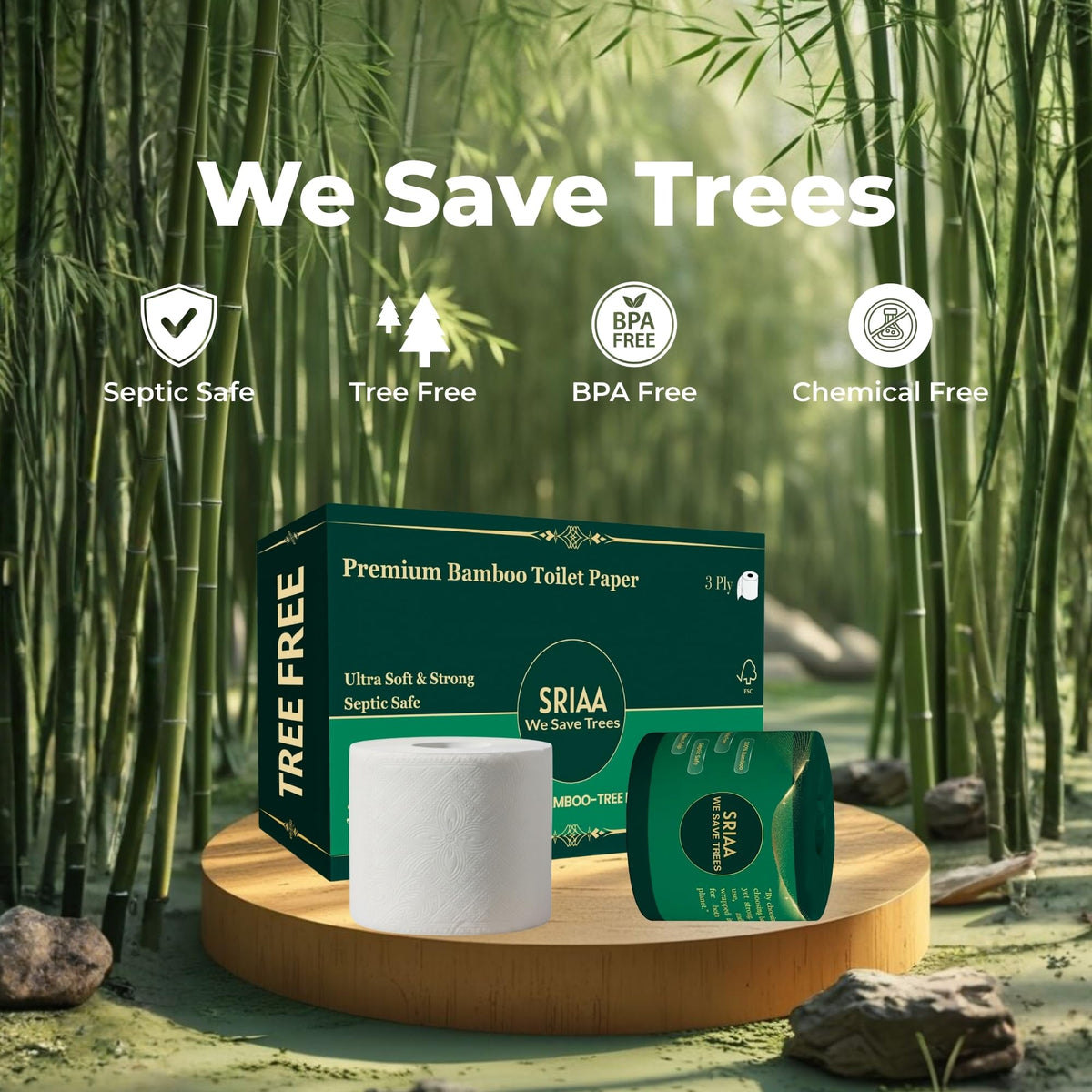 Papel Higiénico 3 Capas SRIAA Bambú Certificado Blanco Ecoamigable