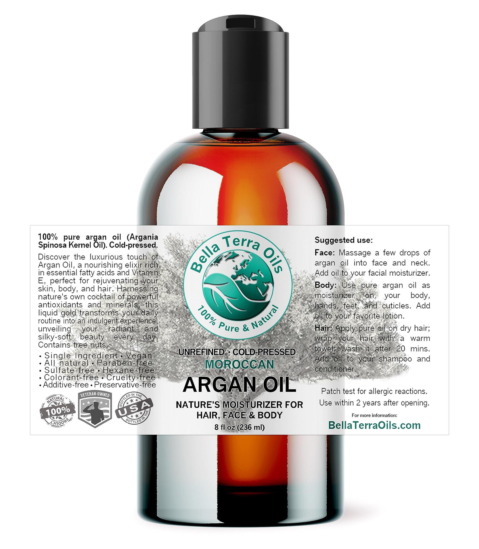 Argan oil 8 oz 100% Pure Moroccan Cold-pressed Organic Unrefined - Bella Terra Oils